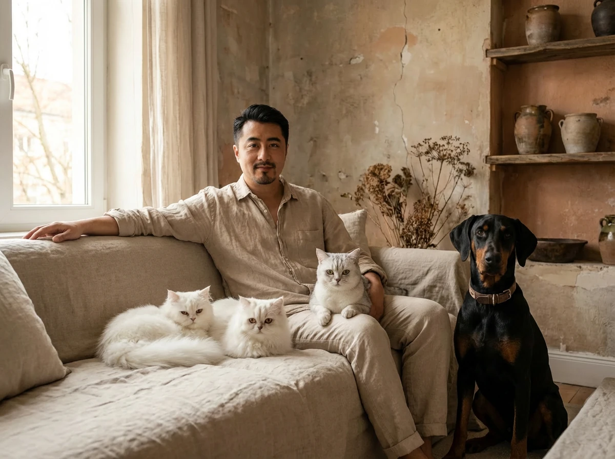 A man sits calmly on a neutral-toned sofa with three cats and a Doberman, surrounded by soft textures and earthy tones in a wabi-sabi living space with exposed plaster walls and rustic ceramics. The sofa features scratch resistant fabric, blending harmonious pet living with minimalist interior design.