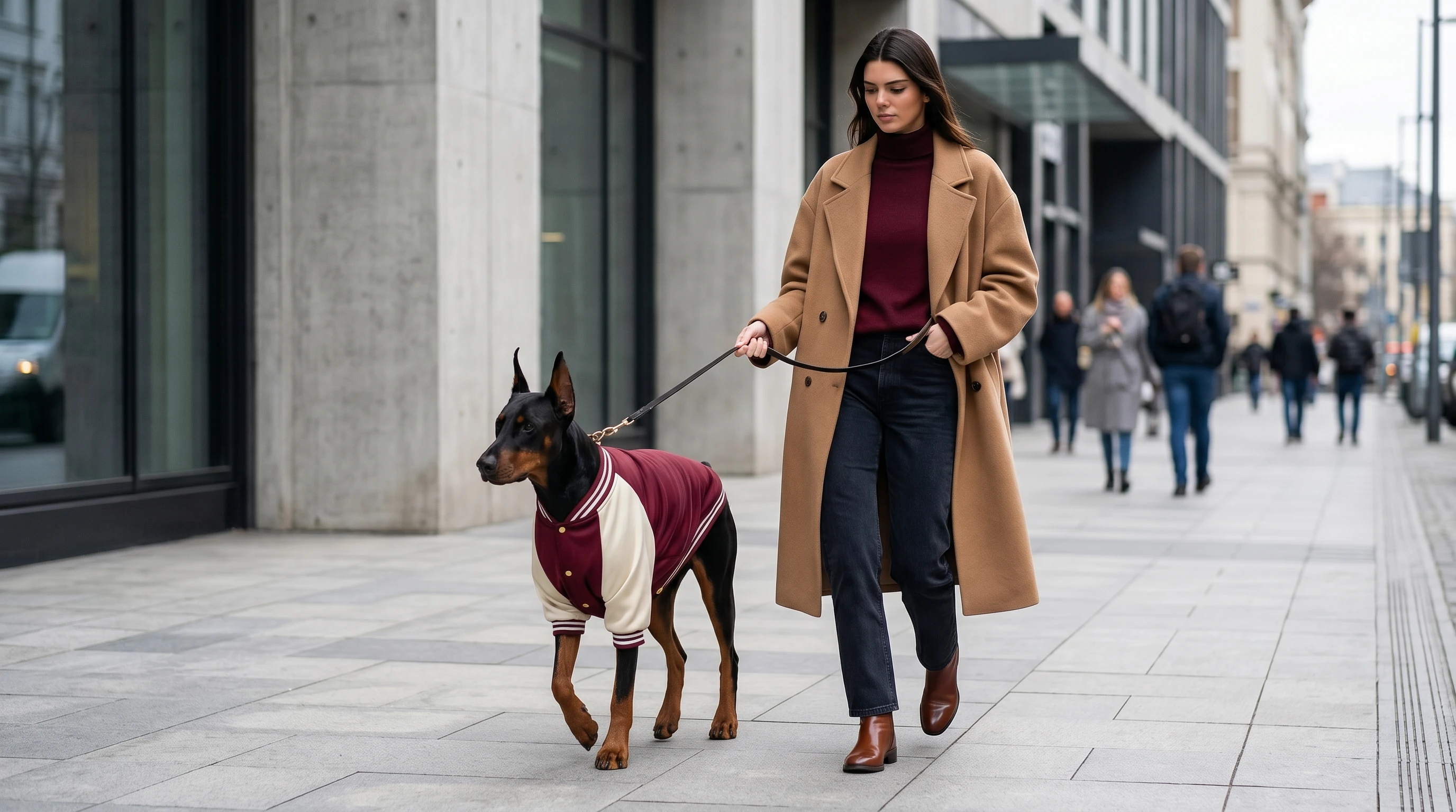 Doberman in NookPaws varsity jacket, crimson and cream, wearing streamlined, functional dog apparel for deep-chested breeds on a city walk.