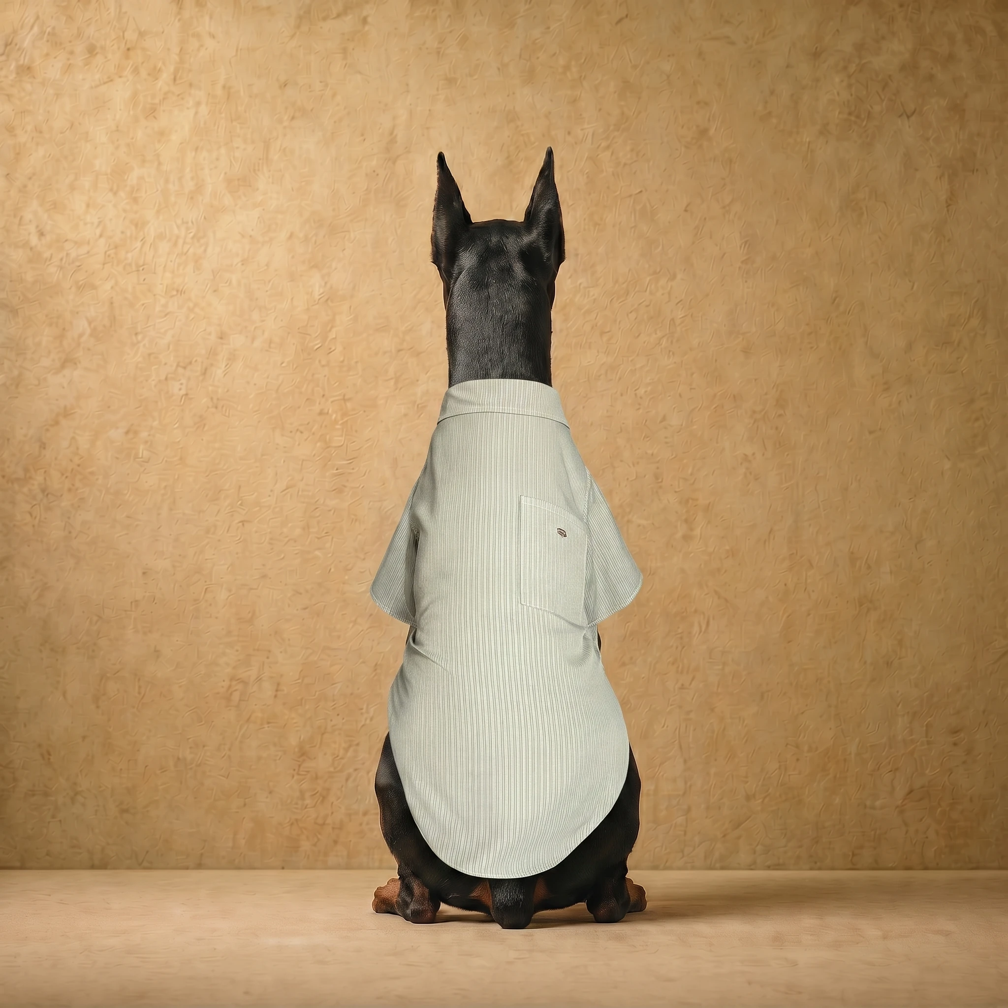 Doberman wearing a light gray striped cotton-linen shirt with tailored fit, showcasing clean lines and deep-chested silhouette against a warm textured backdrop. Clothes that fit dobermans.