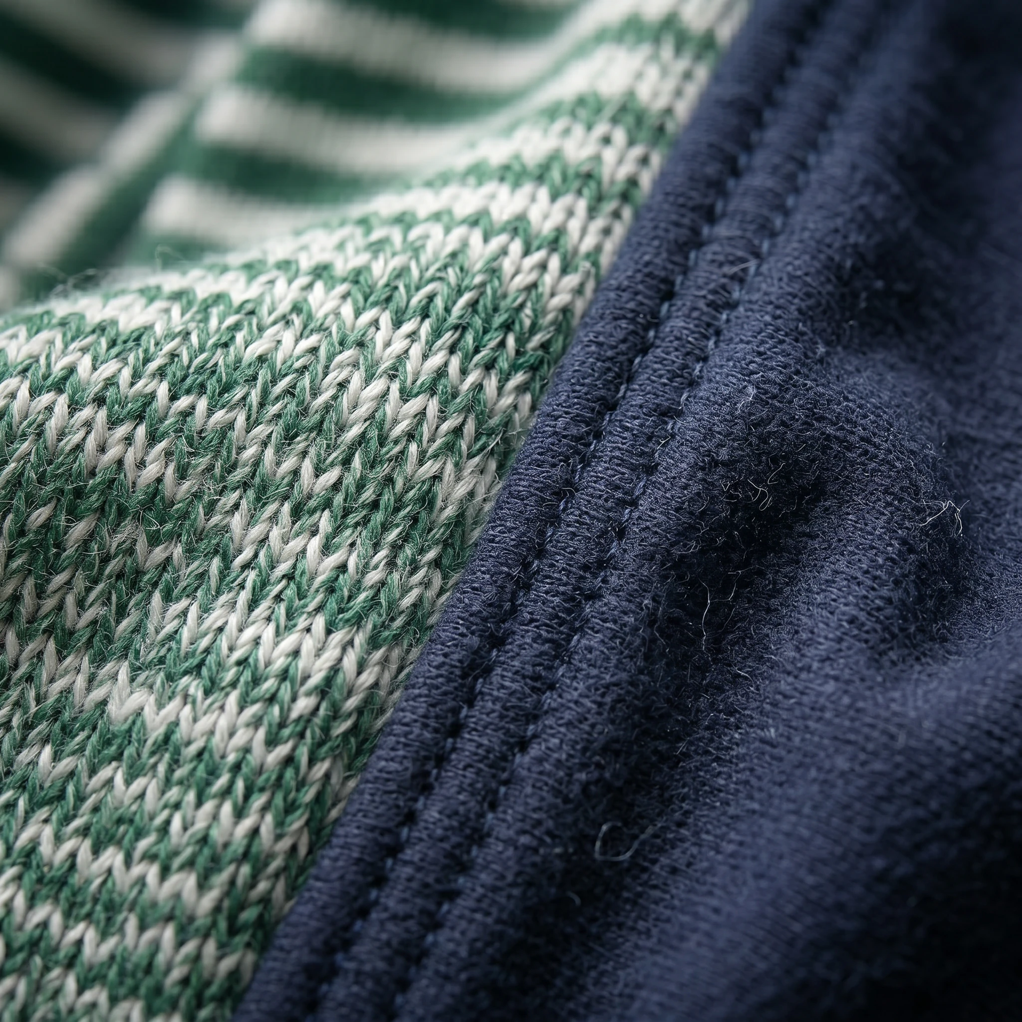 Close-up of NookPaws™ Doberman Full-Coverage Layer: green-white knit exterior meets soft navy fleece lining, showcasing durable stitches and minimalist design for deep-chested dogs.
