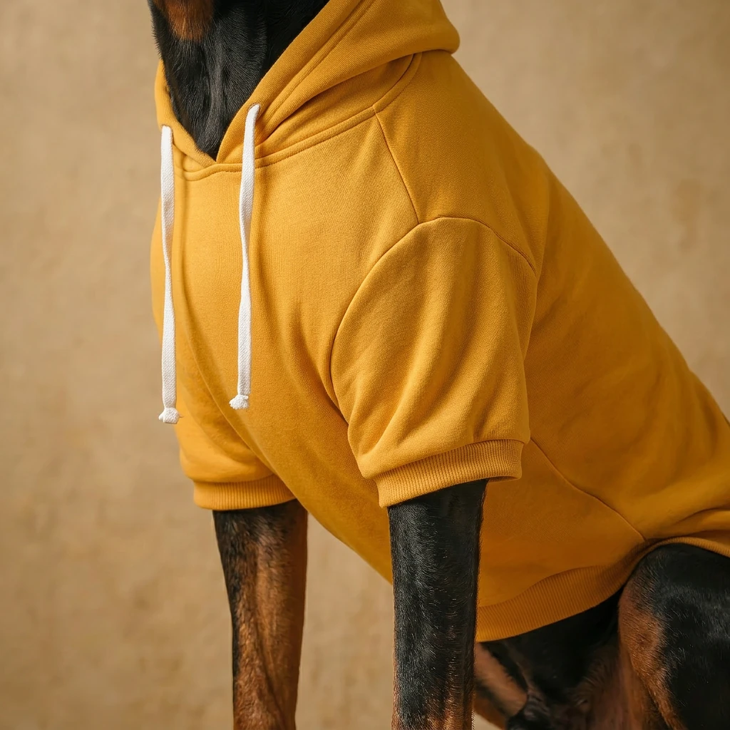 Mustard yellow dog hoodie for Doberman, mid-weight fabric with white drawstrings, soft texture, minimalist design for deep-chested breeds, natural lighting, sustainable fit.