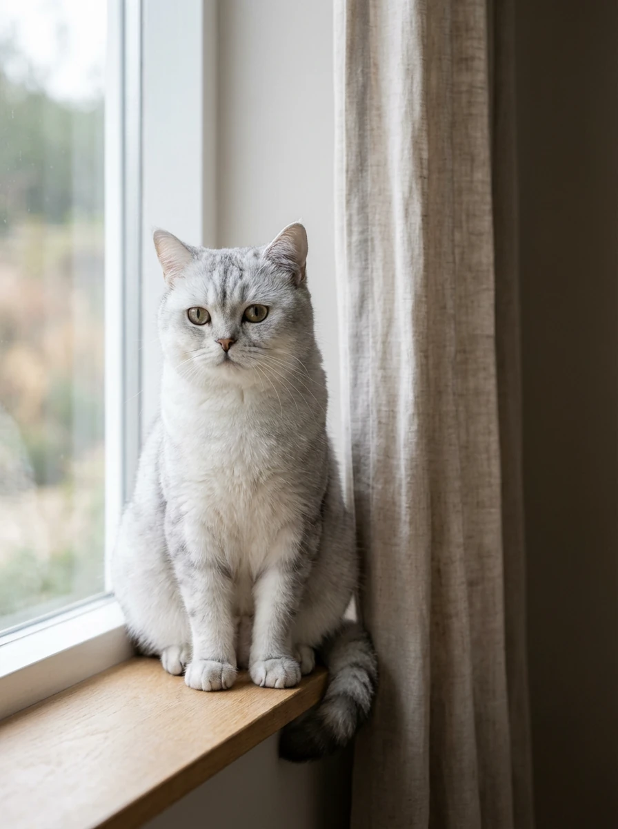 Silver tabby cat sits calmly on a wooden windowsill, bathed in soft natural light, beside a textured linen curtain—harmonious pet living in a minimalist interior.