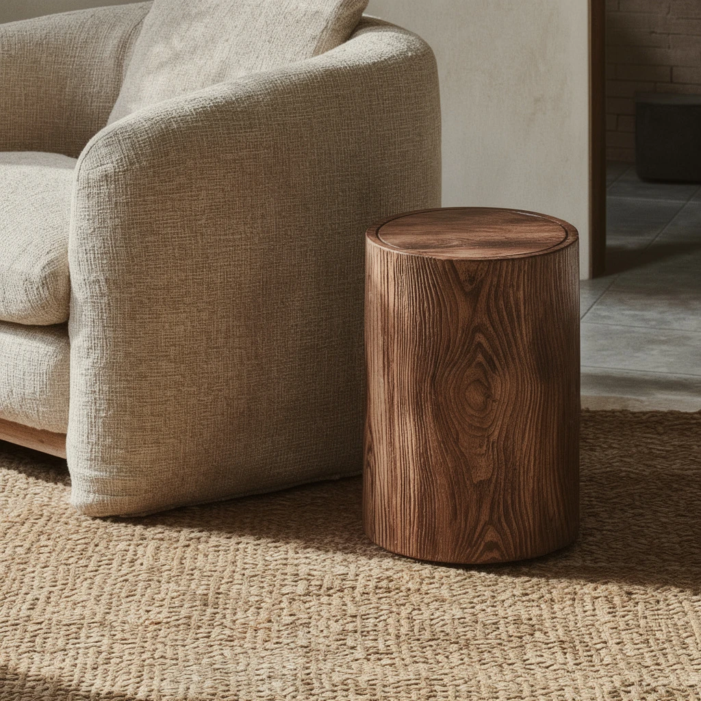 Cylindrical wood-grain waste bin with concealed liner sits beside a neutral-toned sofa on a textured rug, blending seamlessly into a minimalist interior with warm, natural tones and harmonious pet living design.