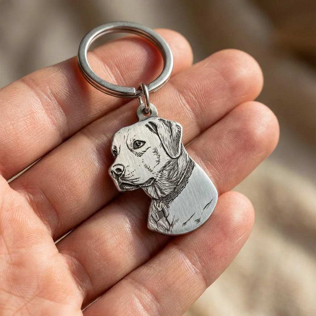 Hand holding a hand-etched silver dog portrait keychain, minimalist silhouette with fine line details, crafted for harmonious pet living.