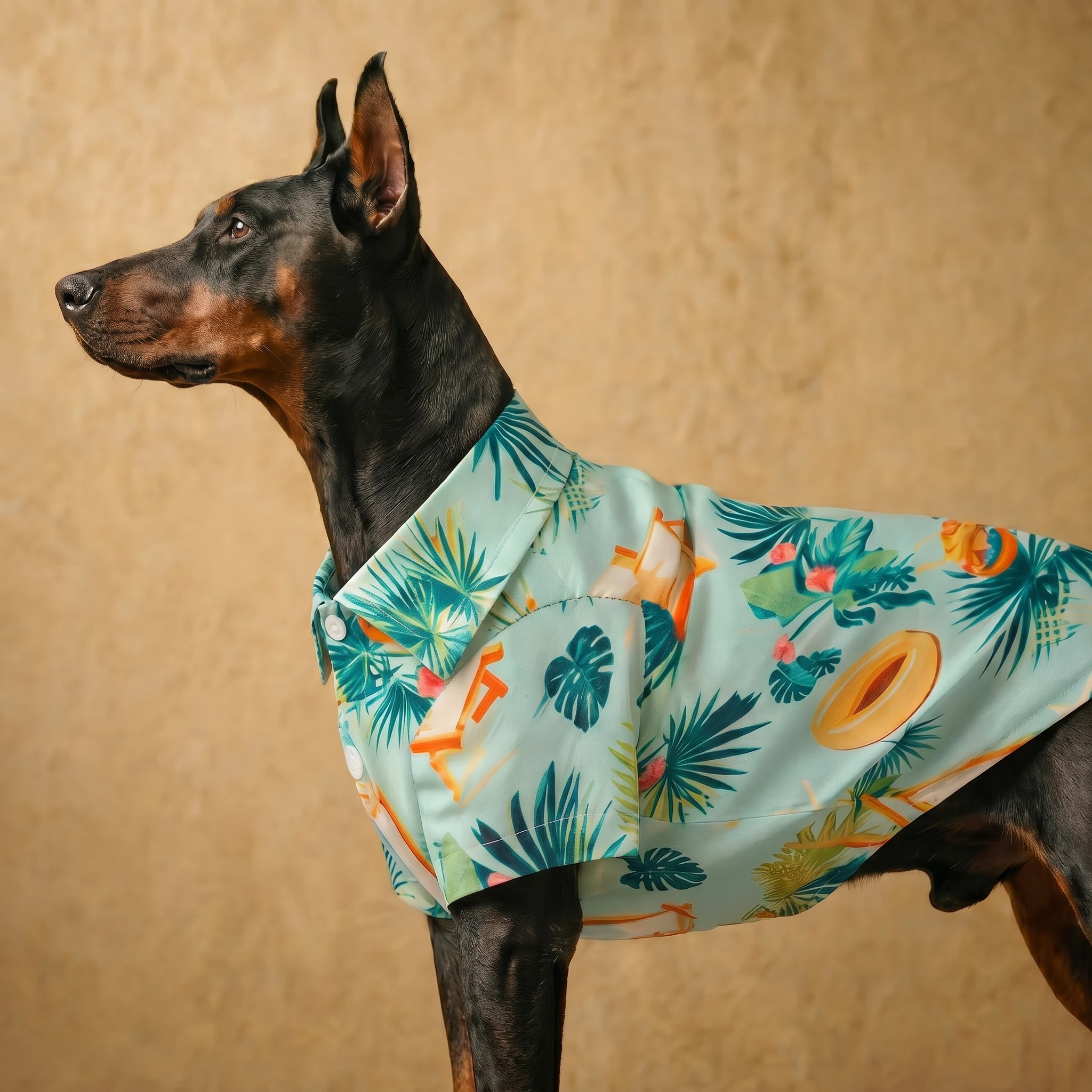 Doberman wearing NookPaws™ lightweight summer shirt with tropical print, crafted in breathable fabric for deep-chested breeds, against warm-toned backdrop.
