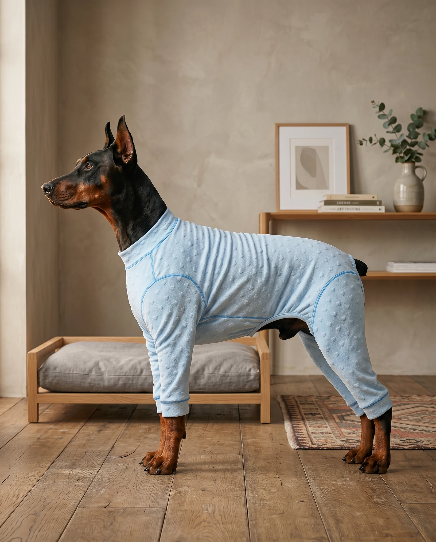 Doberman in soft blue NookPaws Deep Chest Indoor Layer, textured fabric with light stitching, natural light, minimalist room, calm functional dog wear for deep-chested breeds.