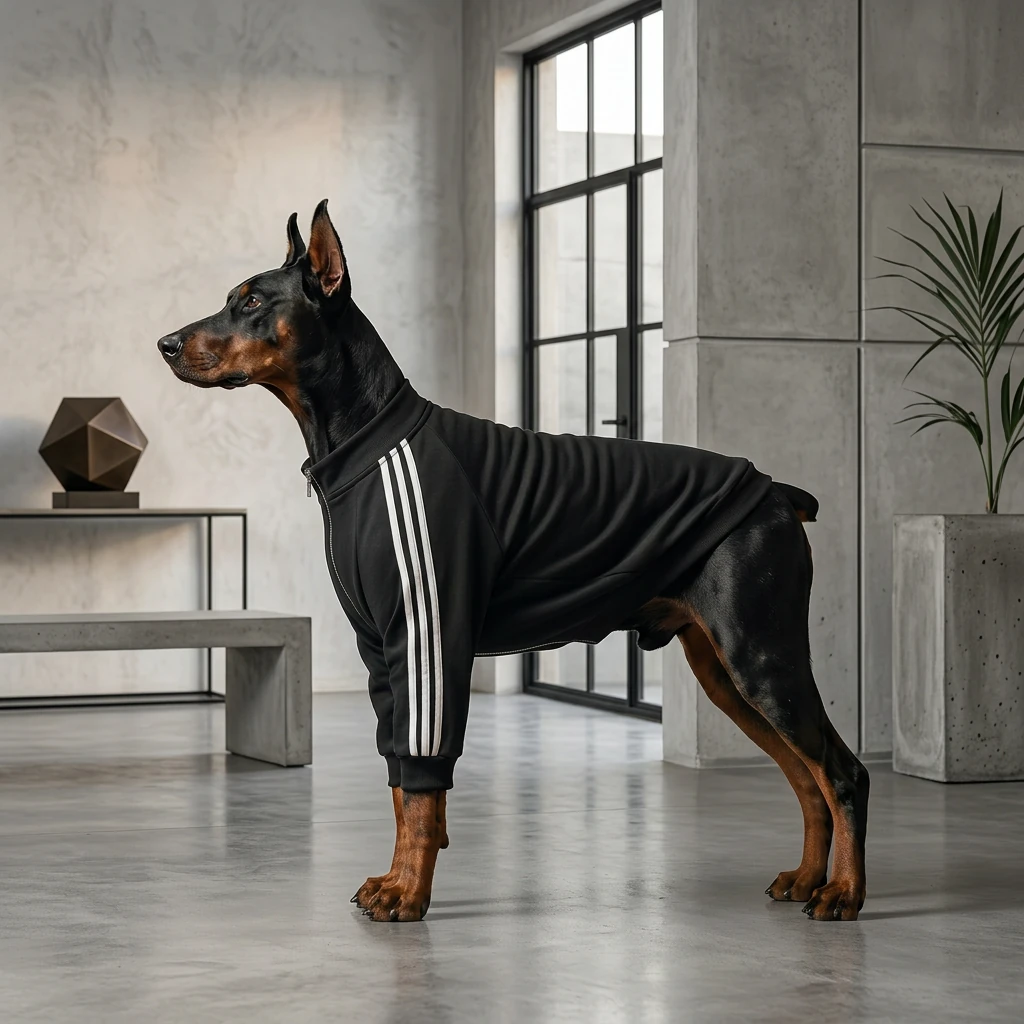 Doberman in NookPaws black zip-up hoodie with white stripes, showcasing deep-chested fit in minimalist concrete space with soft natural light
