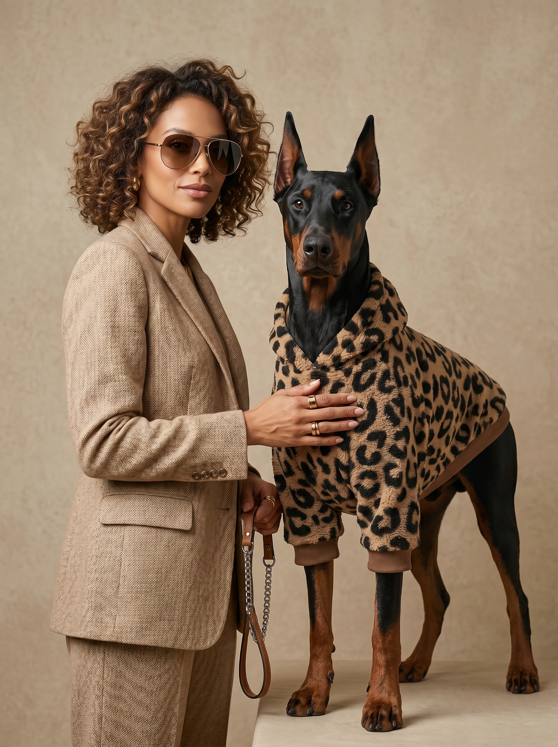 Doberman in NookPaws Deep Chest Sherpa Hoodie, high-pile fleece with leopard print, minimalist design for deep-chested breeds, soft texture, calm winter wear