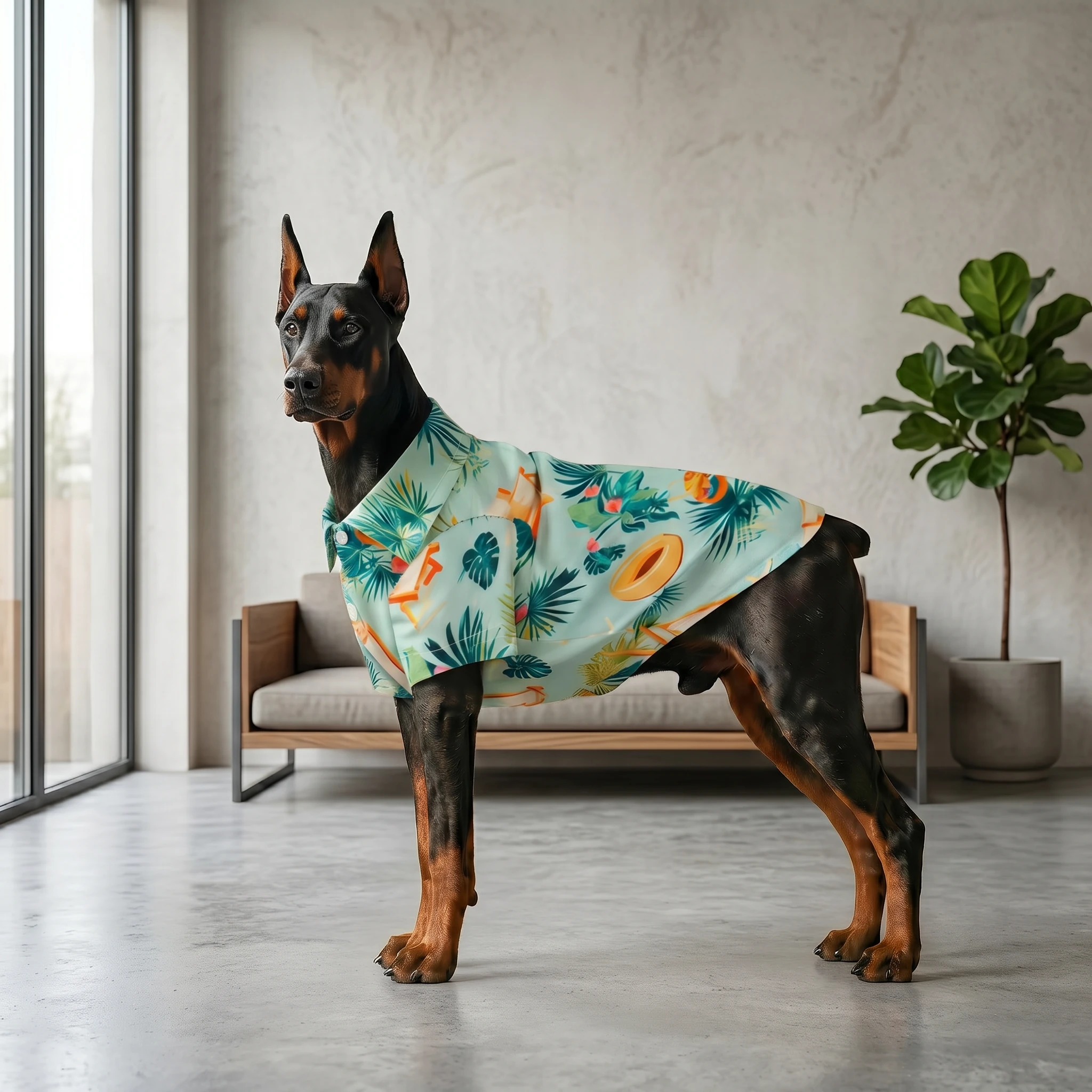 Doberman wearing NookPaws lightweight summer shirt with tropical print, showcasing deep-chested fit in airy fabric, minimal design, natural light, calm indoor setting
