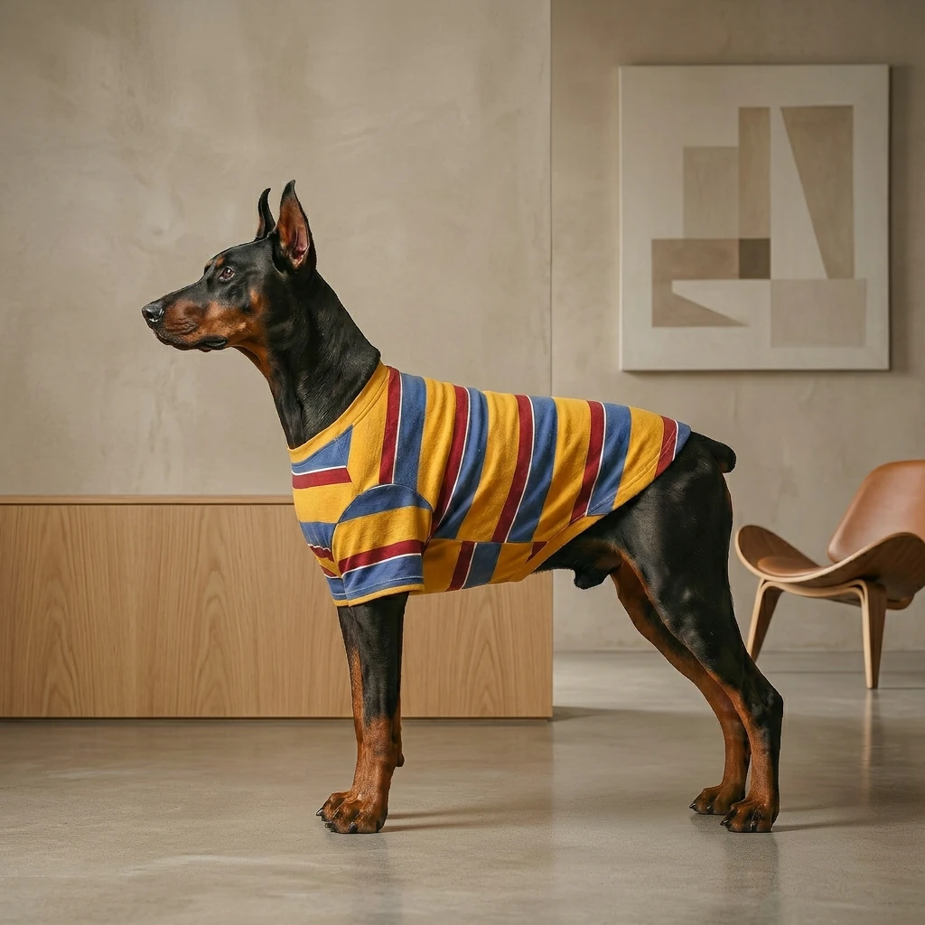Doberman wearing NookPaws™ Deep-Chest Striped Layer in mustard, navy, and rust — soft cotton-blend fabric, slim fit for deep-chested breeds, minimalist studio setting with natural light.