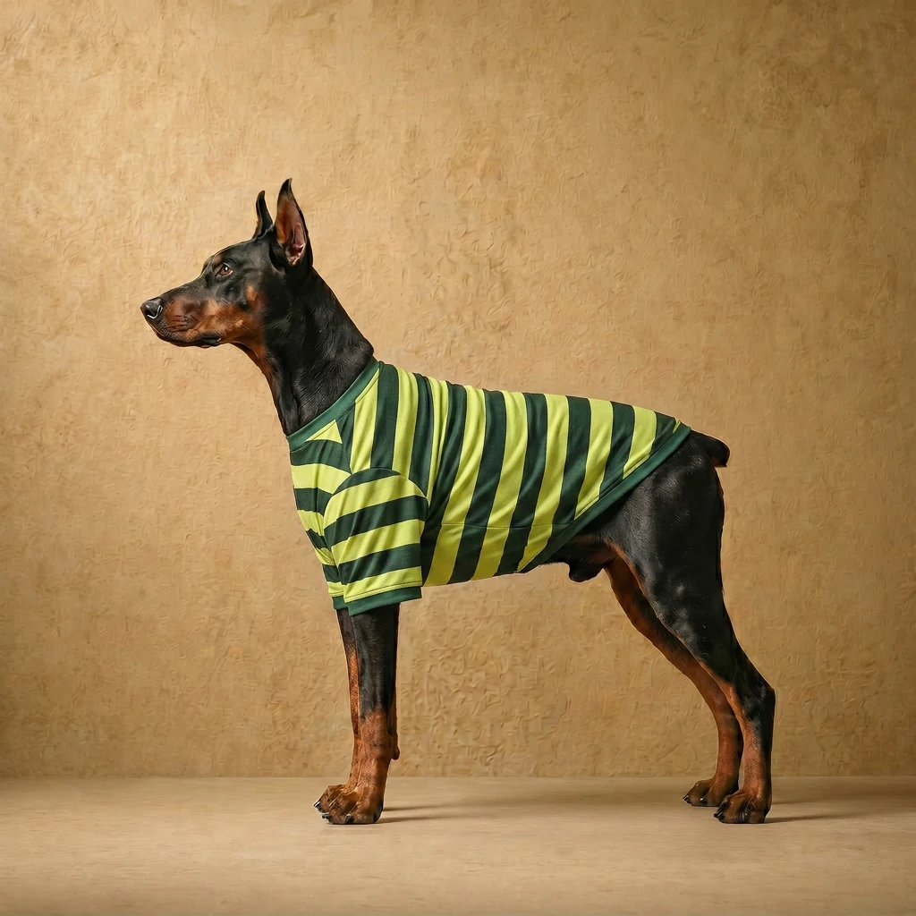 Doberman in a lightweight striped layer with green and lime vertical stripes, designed for deep-chested builds, offering a clean, athletic fit for indoor comfort or light activity.