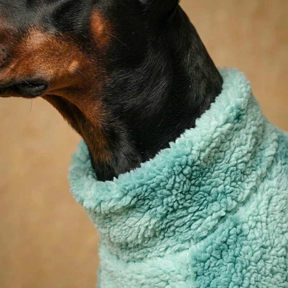 Doberman wearing NookPaws™ deep chest fleece sweater, soft sherpa texture in mint green, minimalist fit for large breeds, gentle lighting highlights natural comfort and warmth.
