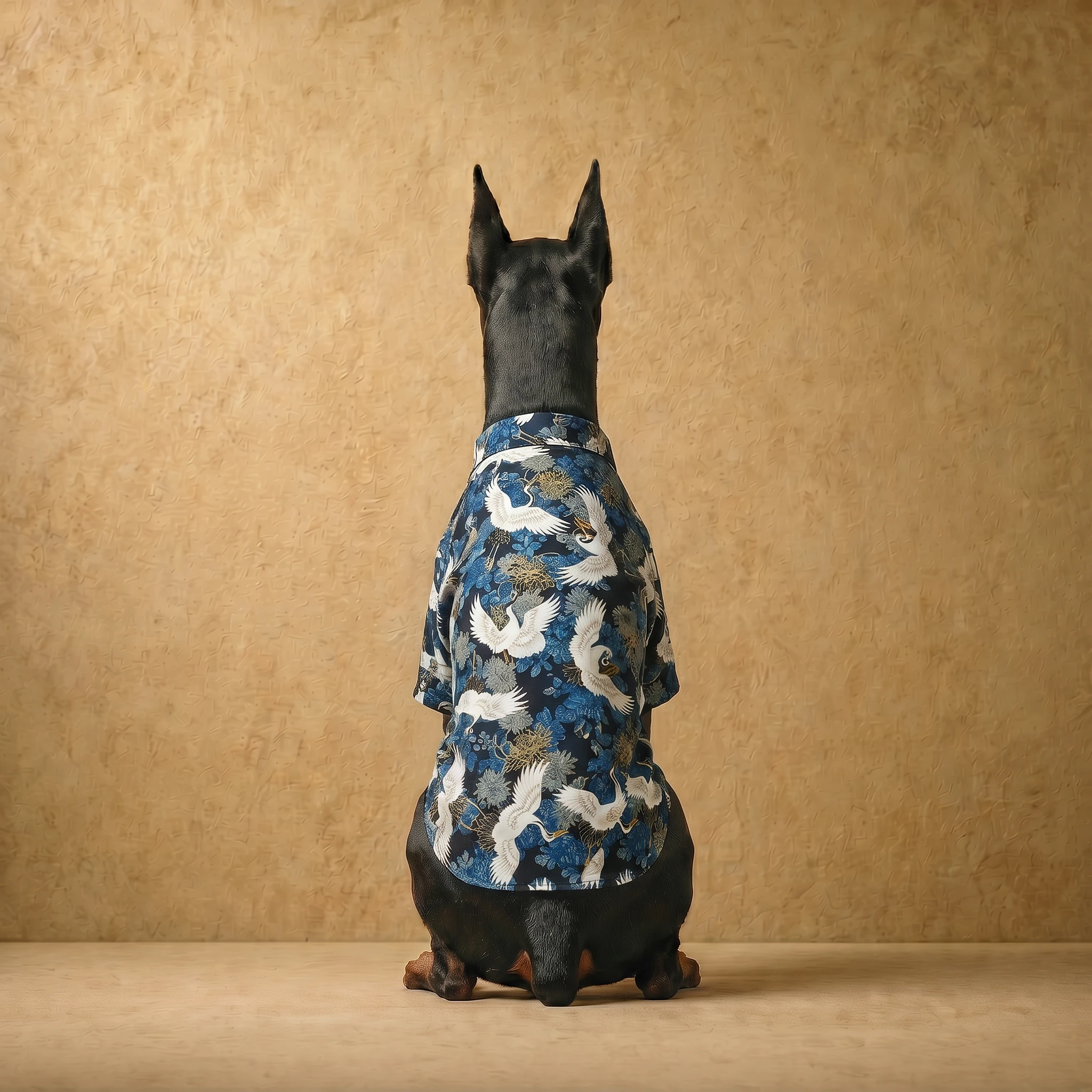 Doberman in a lightweight blue shirt with white crane and floral print, athletic fit for deep chests, sitting against warm textured backdrop, clothes that fit dobermans