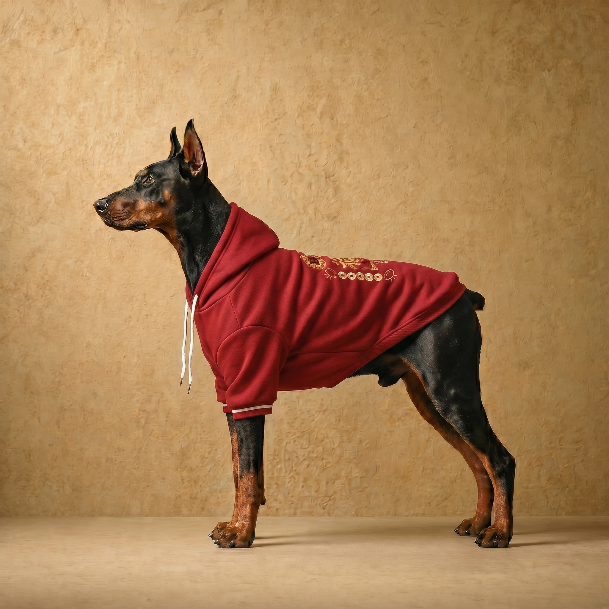 Doberman in a rich red fleece hoodie with gold embroidery, tailored for deep chests and athletic build, featuring a clean fit and white drawstrings against a warm textured backdrop.