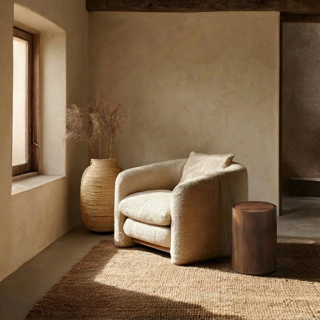 Soft beige armchair with textured fabric sits on woven jute rug beside a wood-grain waste bin, bathed in natural light—harmonious pet living in a minimalist interior.
