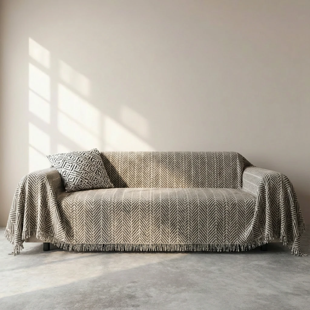 Soft chevron woven chenille throw in neutral tones drapes over a minimalist sofa, featuring fringed edges and a geometric pattern, enhancing a calm, wabi-sabi living space with harmonious pet living in mind.