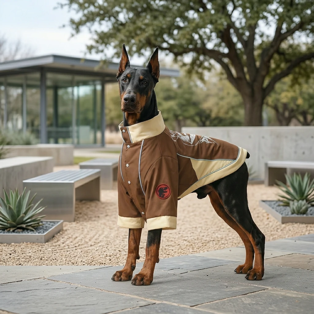 Doberman in NookPaws™ winter coat, tailored for deep-chested breeds, with minimalist design and wind-resistant fabric, standing on stone path under soft natural light.