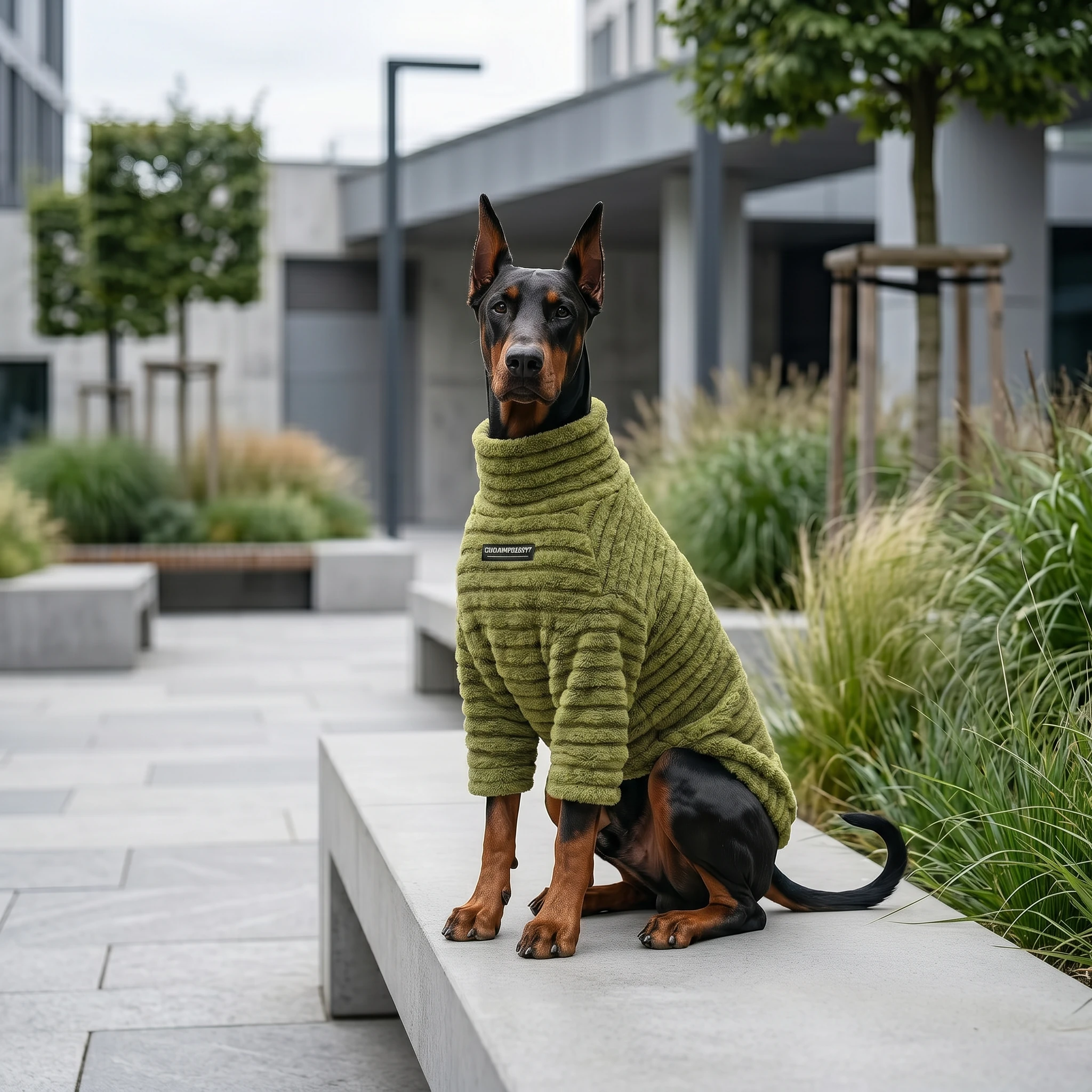 Doberman in olive green ribbed fleece sweater, sitting on concrete bench in minimalist garden, textured high-neck design for deep-chested breeds, calm urban canine layering.