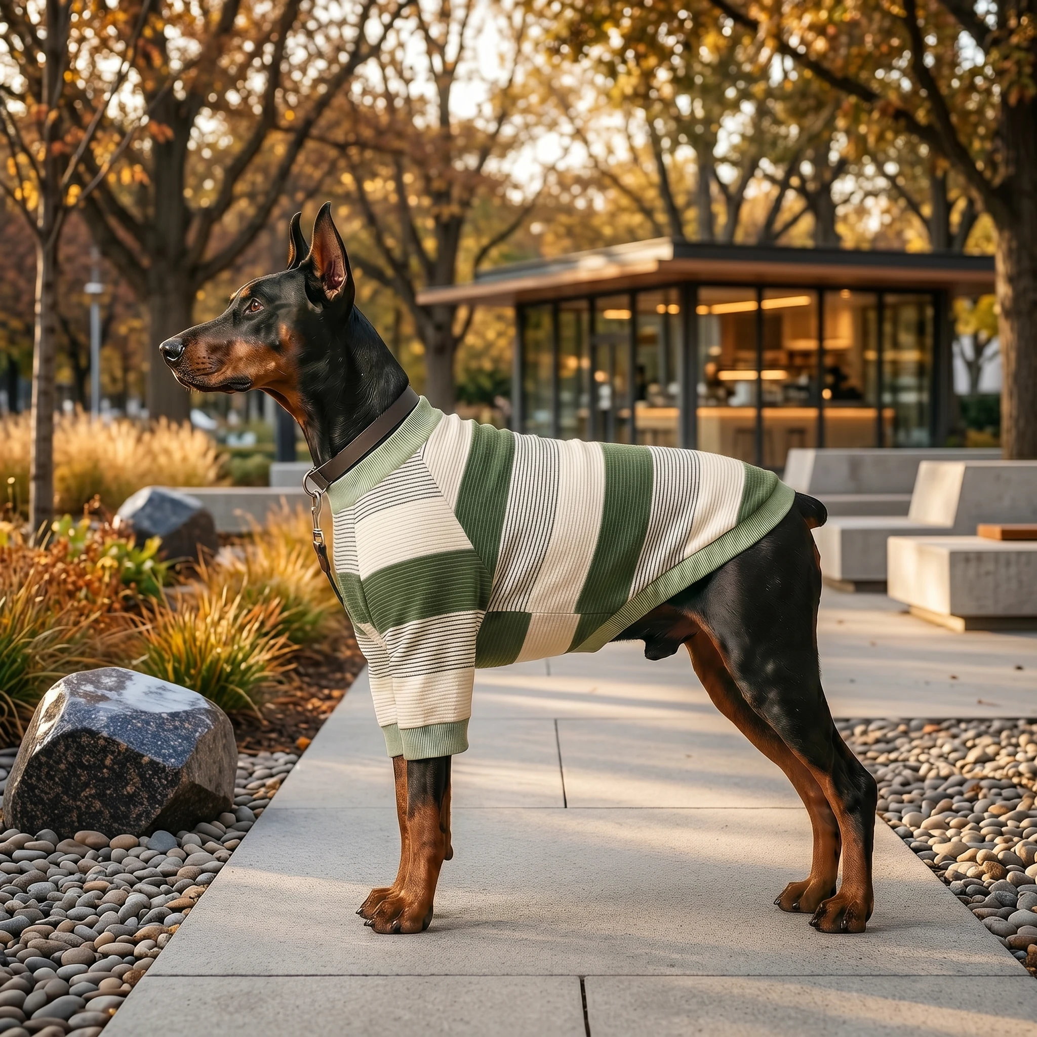 Doberman in NookPaws striped knit sweater, waffle-knit texture, soft autumn light, minimalist outdoor setting, functional fit for deep-chested breeds