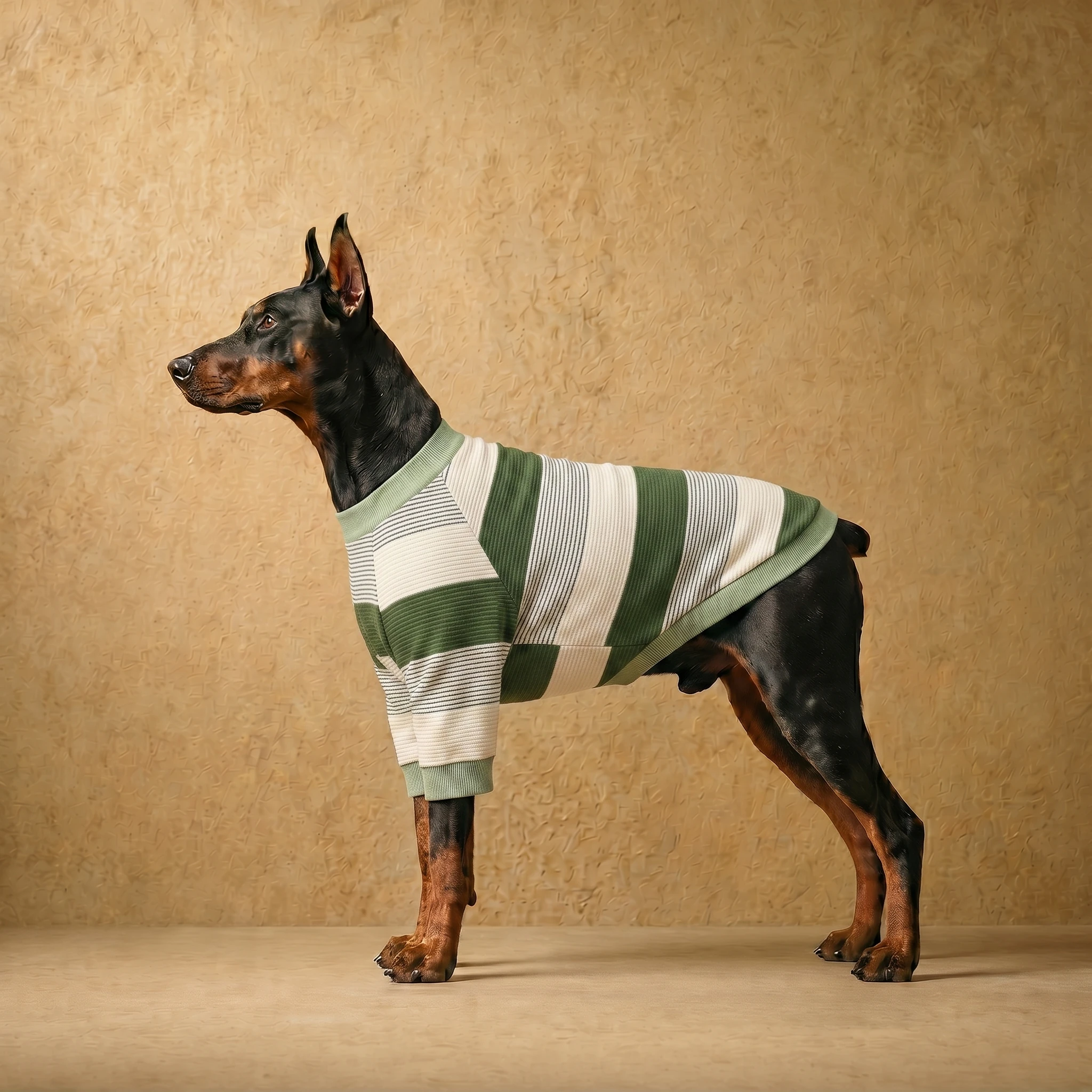 Doberman in a green and cream striped waffle-knit sweater with a close athletic fit, showcasing full mobility and clean lines for deep-chested breeds.