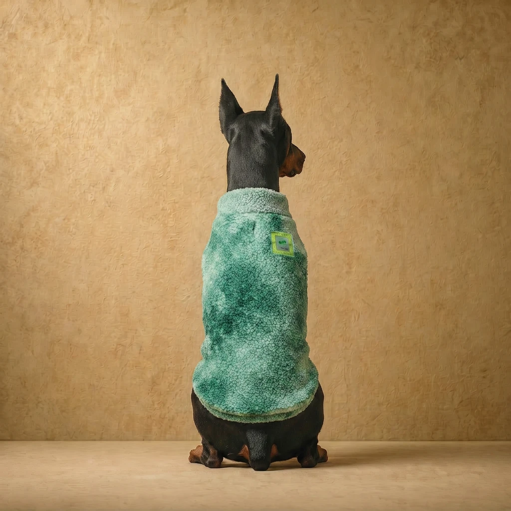 Doberman in a soft mint green sherpa fleece sweater, back view showing deep chest fit and clean athletic silhouette, minimalist tone, dog sweaters for large dogs