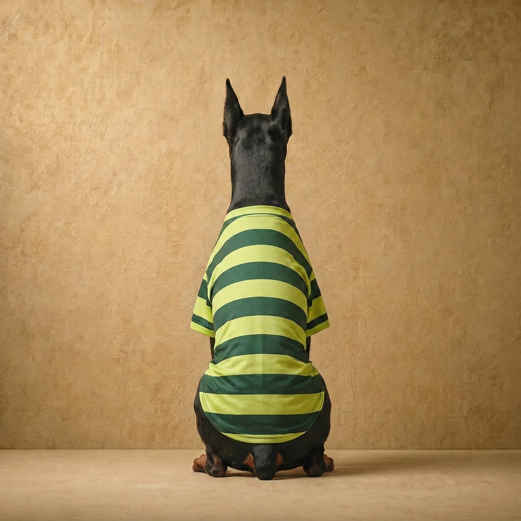 Doberman wearing a green and lime striped lightweight layer with a close, athletic fit, designed for deep-chested breeds; breathable fabric for indoor comfort and light activity.