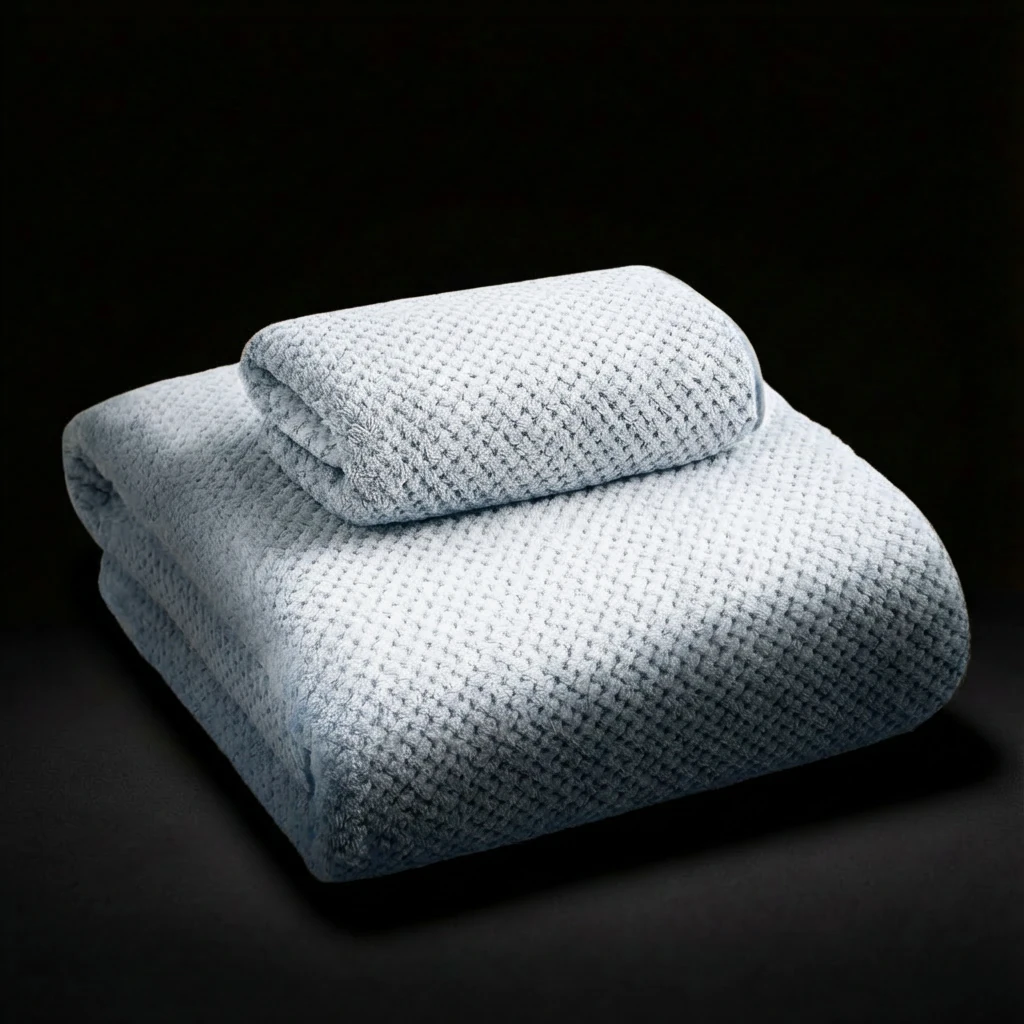 Soft light blue waffle-weave coral fleece towels stacked neatly, showcasing a tactile texture and calm, minimalist aesthetic with gentle shadows on a dark surface.
