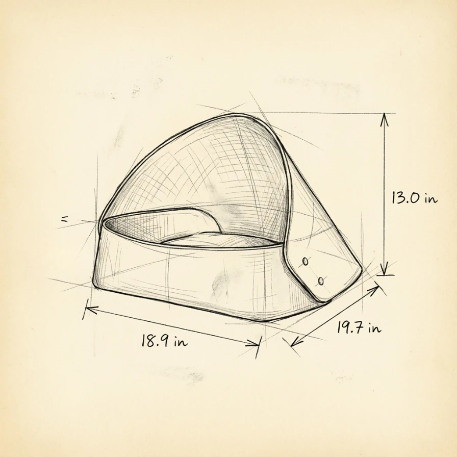 Technical sketch of a sculptural felt cat cave with snap-button closure, shown in minimalist line art with dimensions, embodying calm interior styling and harmonious pet living.