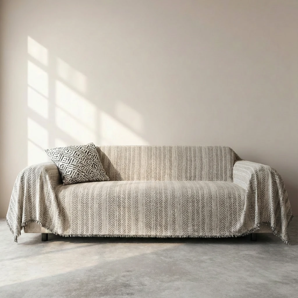 Khaki chevron woven chenille sofa throw draped over a minimalist sofa, featuring soft texture and subtle fringe, in a calm, sunlit living space with harmonious pet living in mind.