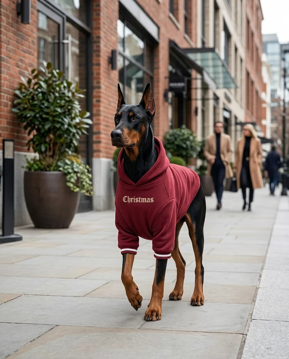 Doberman in a cozy fleece hoodie designed for deep-chested breeds, walking calmly on a city sidewalk with soft natural light highlighting the warm textile texture.
