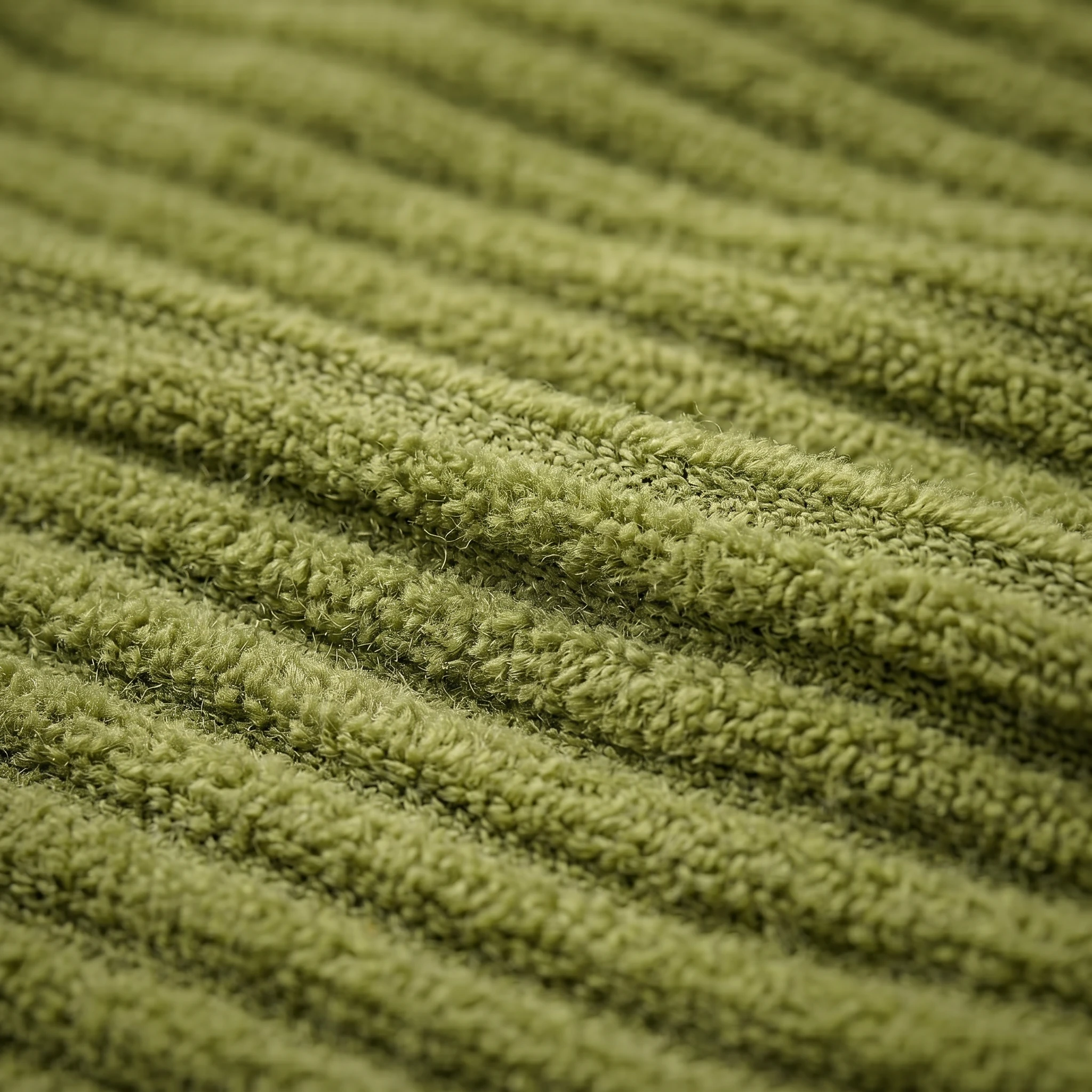 Olive green textured fleece with ribbed stripes, soft under natural light — cozy layer for deep-chested dogs like Dobermans.
