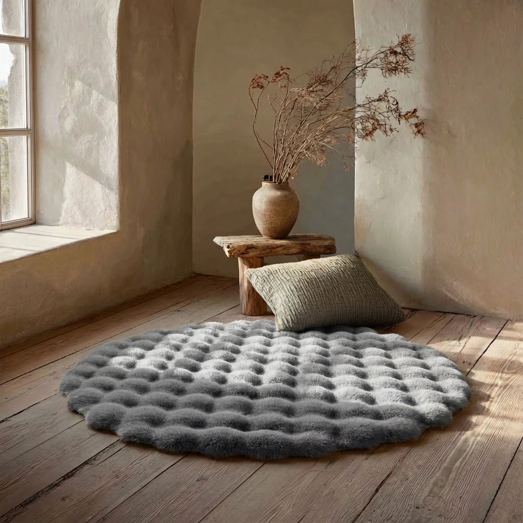 Soft grey circular rug with cloud-soft bubble texture rests on rustic wood floor, nestled in a serene wabi-sabi corner with natural light and earthy decor.
