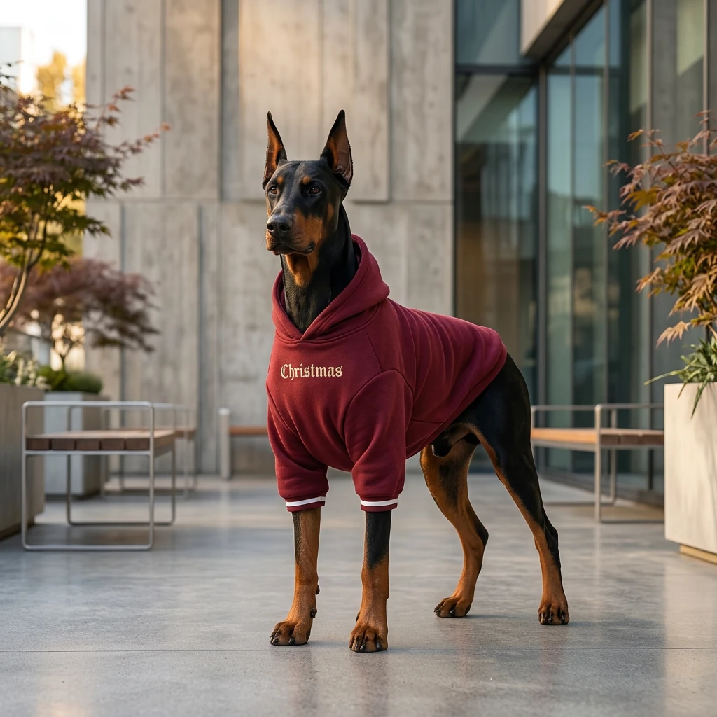 Doberman in a burgundy fleece hoodie with white trim, standing confidently in soft golden light, minimalist urban courtyard setting, textured fabric, calm and functional design for deep-chested breeds.
