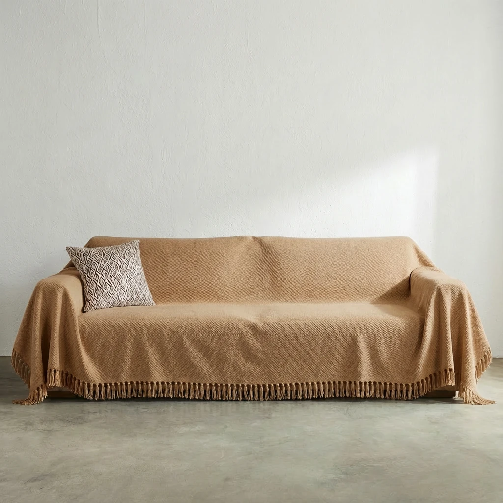 Earthy brown Teddy velvet throw draped over a sofa, featuring soft texture and fringe detailing, creating a calm, minimalist interior with harmonious pet living in mind.