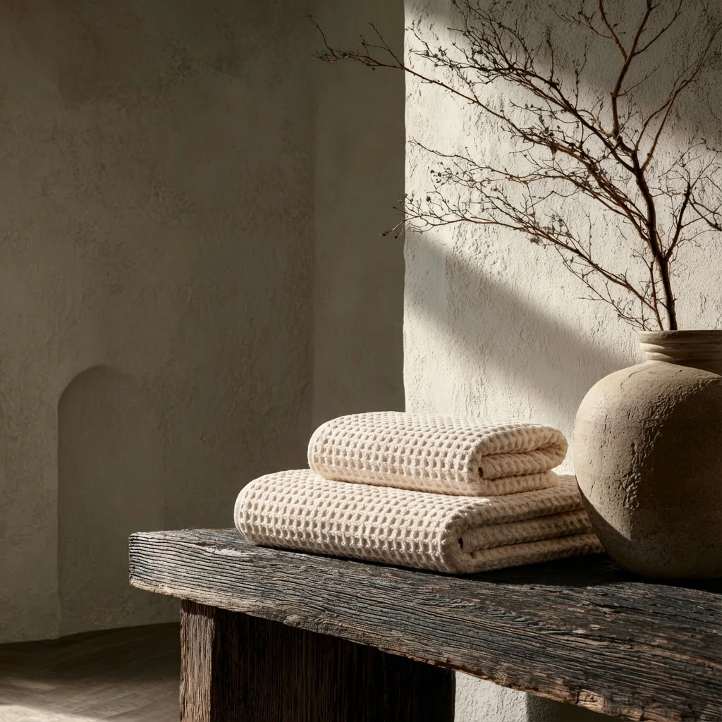 Cream waffle-weave coral fleece towels rest on a weathered wood bench beside a textured ceramic vase with bare branches, bathed in soft light — a quiet moment of wabi-sabi aesthetic and calm interior styling.