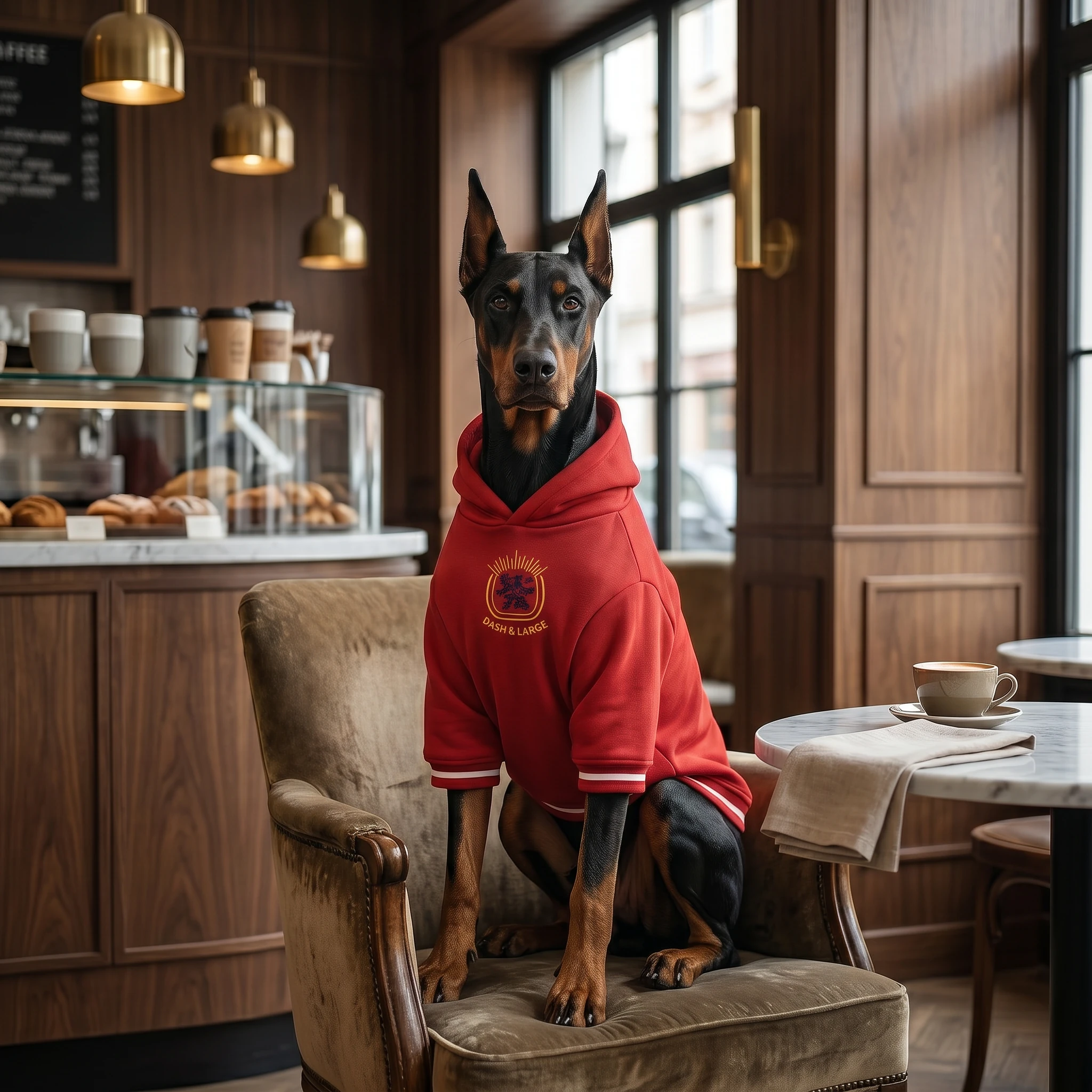 Doberman in NookPaws Heritage Red Deep-Chest Hoodie, sitting calmly in a warm café with rich wood tones and soft brass lighting, showcasing functional large-breed apparel with minimalist fit and textured fleece fabric.