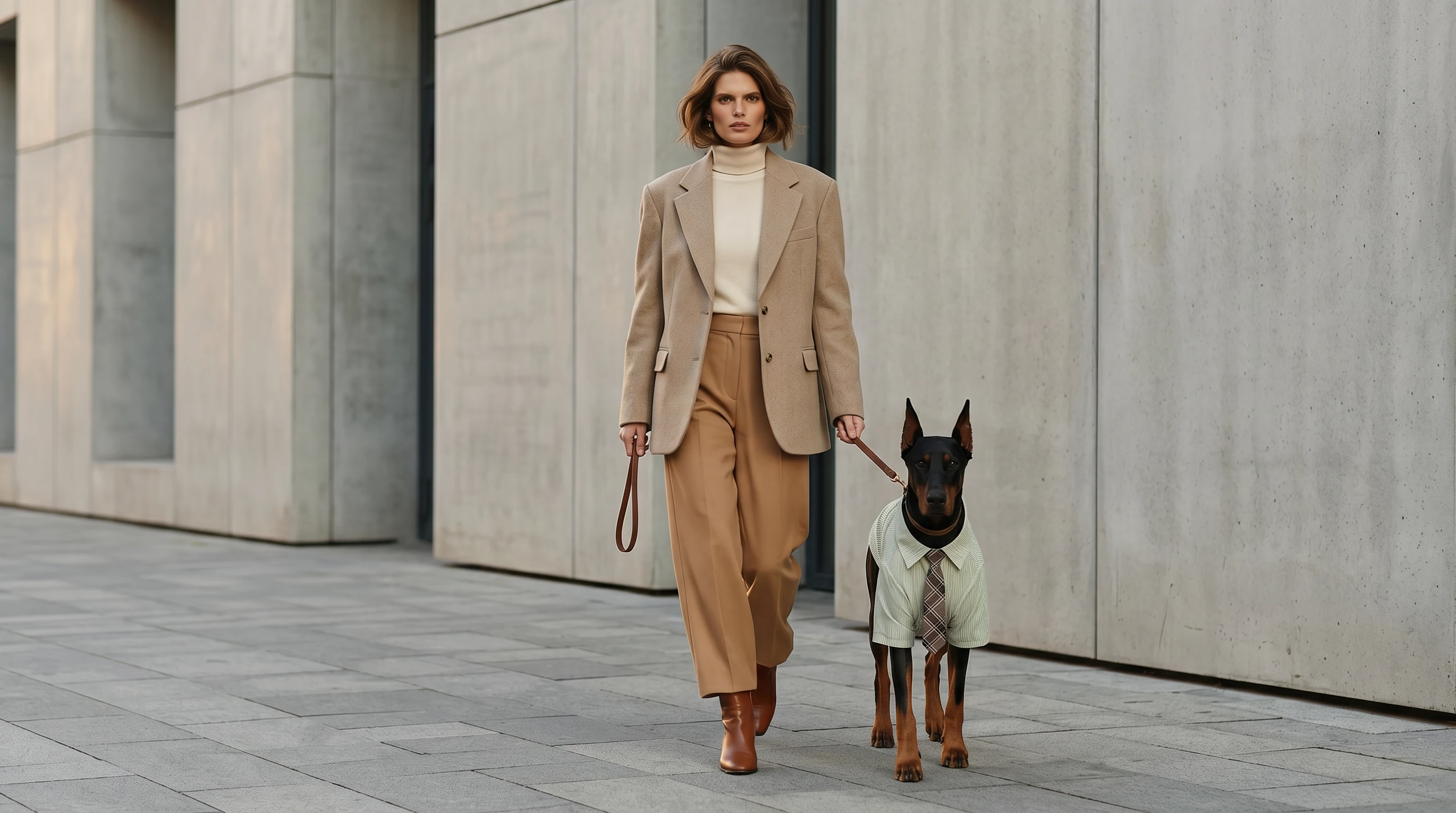 Doberman in NookPaws™ Deep Chest Striped Shirt, a breathable cotton-linen layer with minimalist design, walking beside owner on urban pavement; soft natural light highlights clean lines and textured fabric.