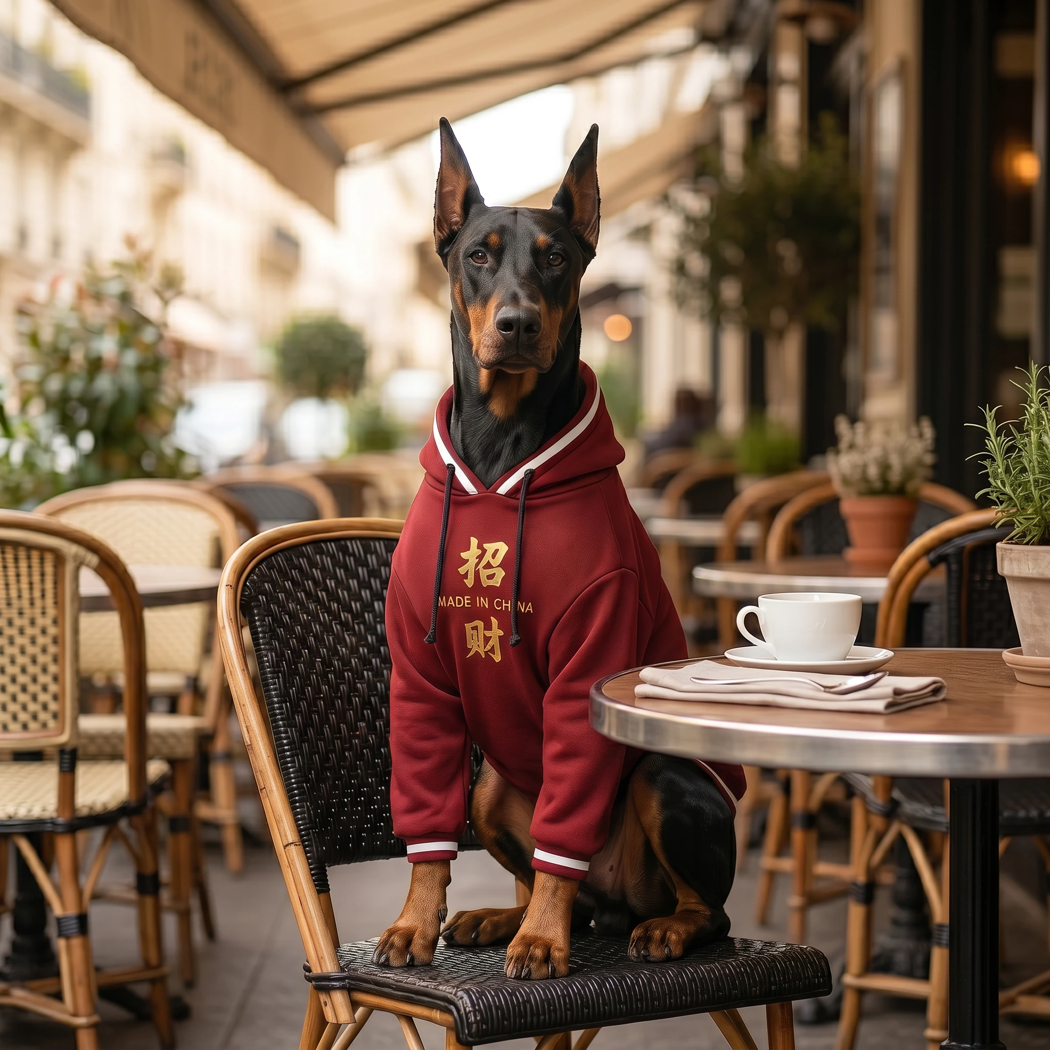 Doberman in NookPaws™ Deep Chest Fleece Hoodie, burgundy with gold Chinese characters, sits calmly at a Parisian café, soft fleece texture visible in natural light, minimalist urban elegance.
