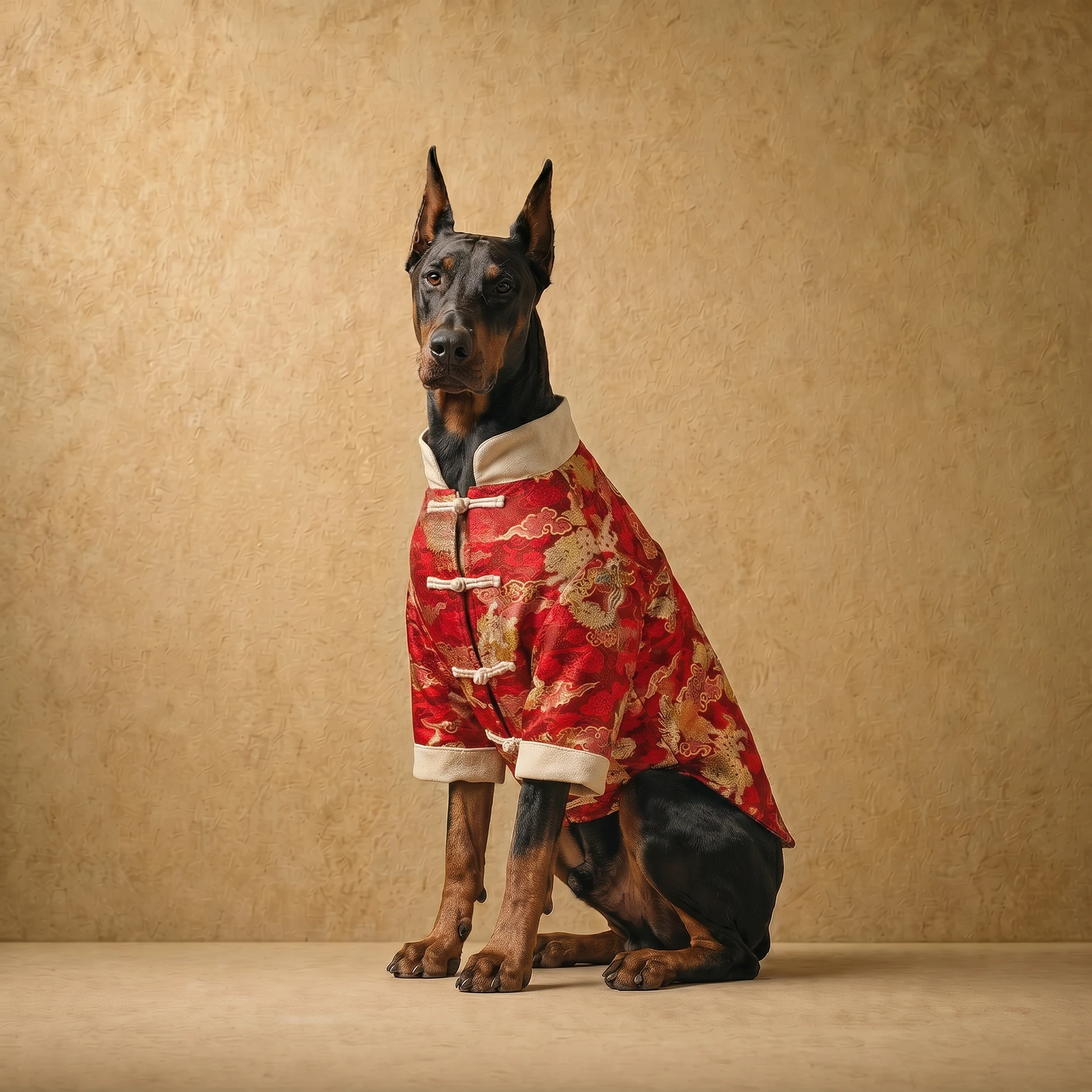 Doberman wearing a red and gold heritage-inspired coat with cream trim and frog closures, tailored to fit its deep chest and athletic build, showcasing structured dog apparel for large breeds.