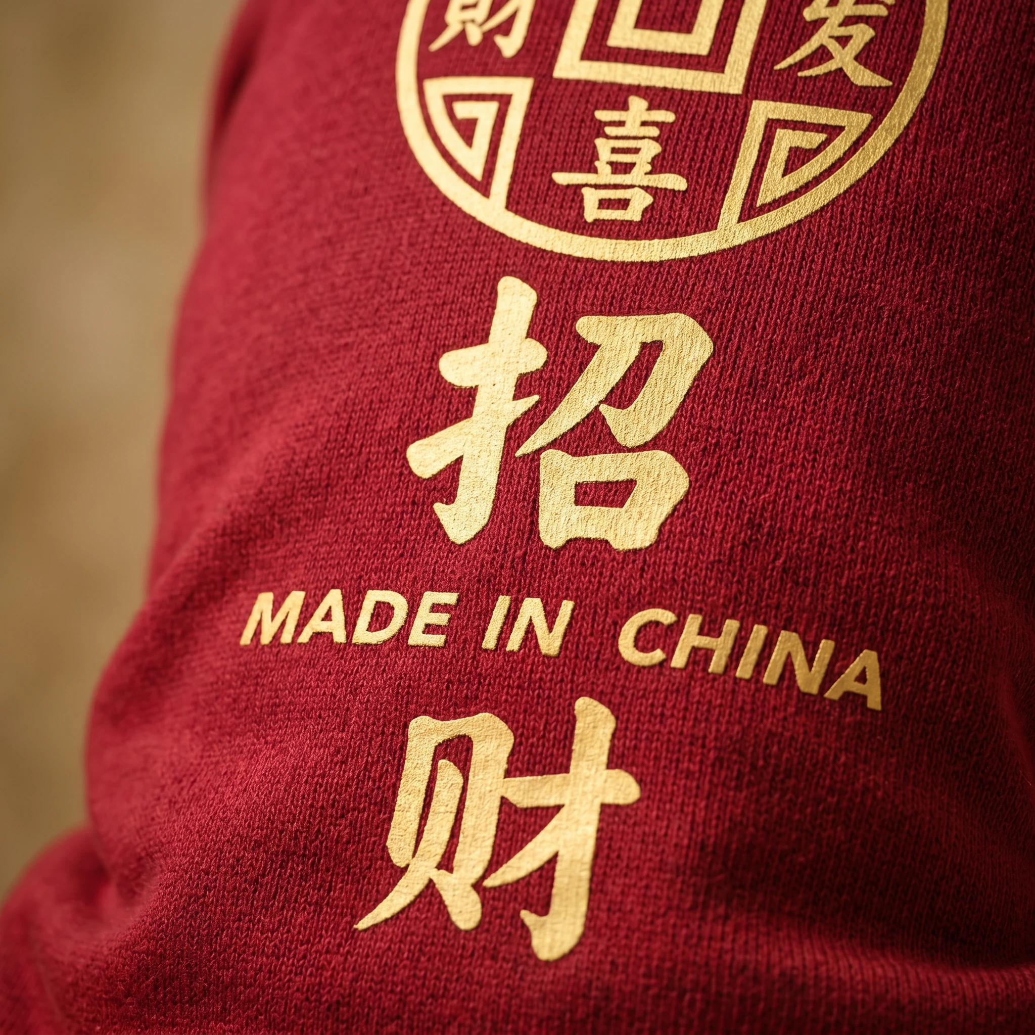 Rich burgundy fleece dog hoodie with gold Chinese characters and "MADE IN CHINA" text, designed for deep-chested breeds, showcasing soft texture and minimalist craftsmanship.
