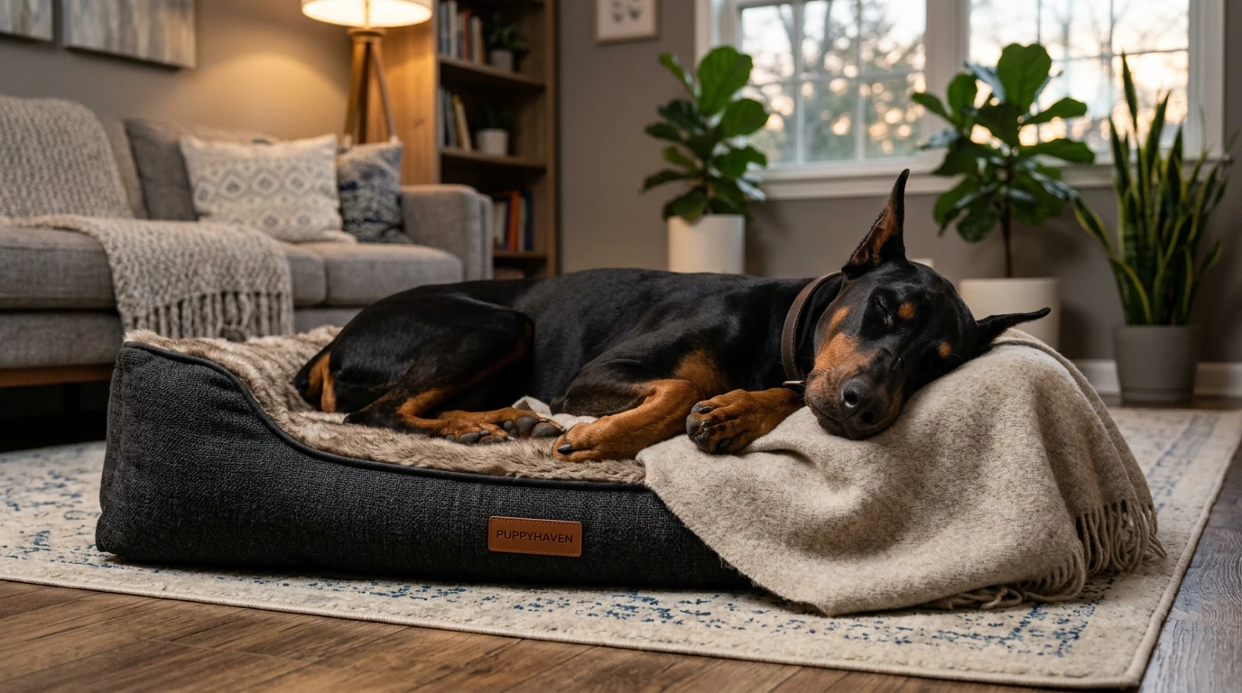 A tired and happy Doberman resting on a stylish modern dog bed indoors
