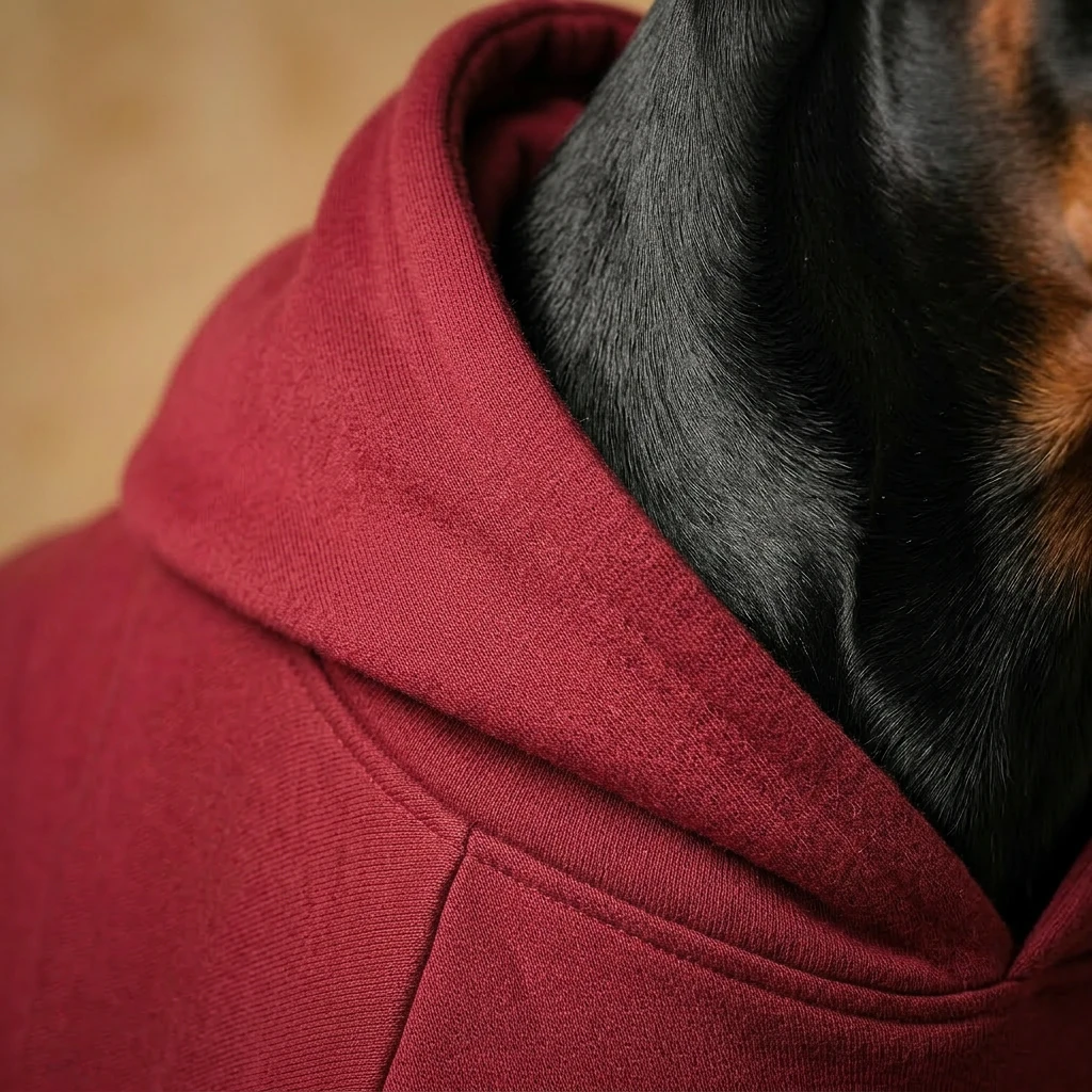 Deep-chested Doberman in NookPaws fleece hoodie, rich burgundy fabric draping softly over muscular neck, minimalist design, warm texture under soft natural light.