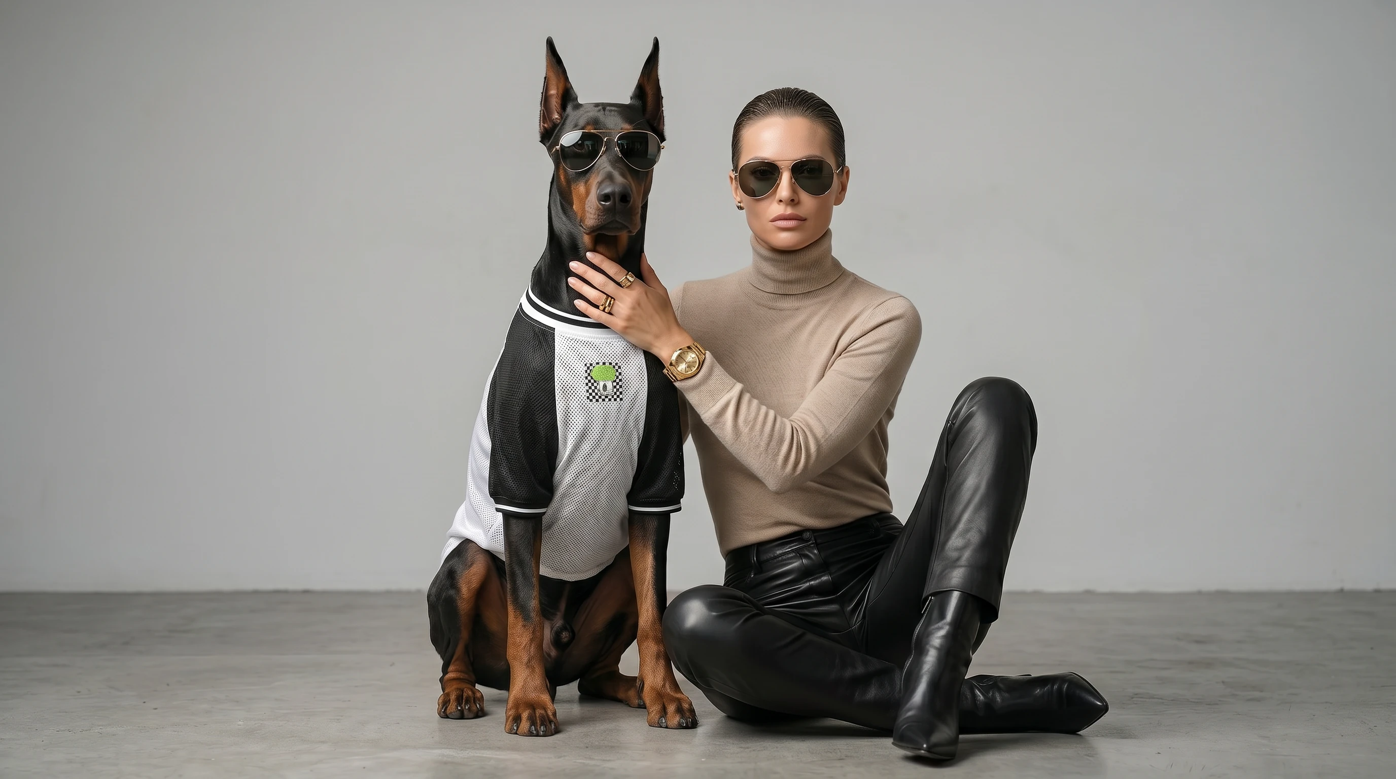 NookPaws Deep Chest Sherpa Sweater on Doberman — soft high-pile fleece in minimalist design, warm & flexible for large breeds, photographed in soft studio light with muted tones.