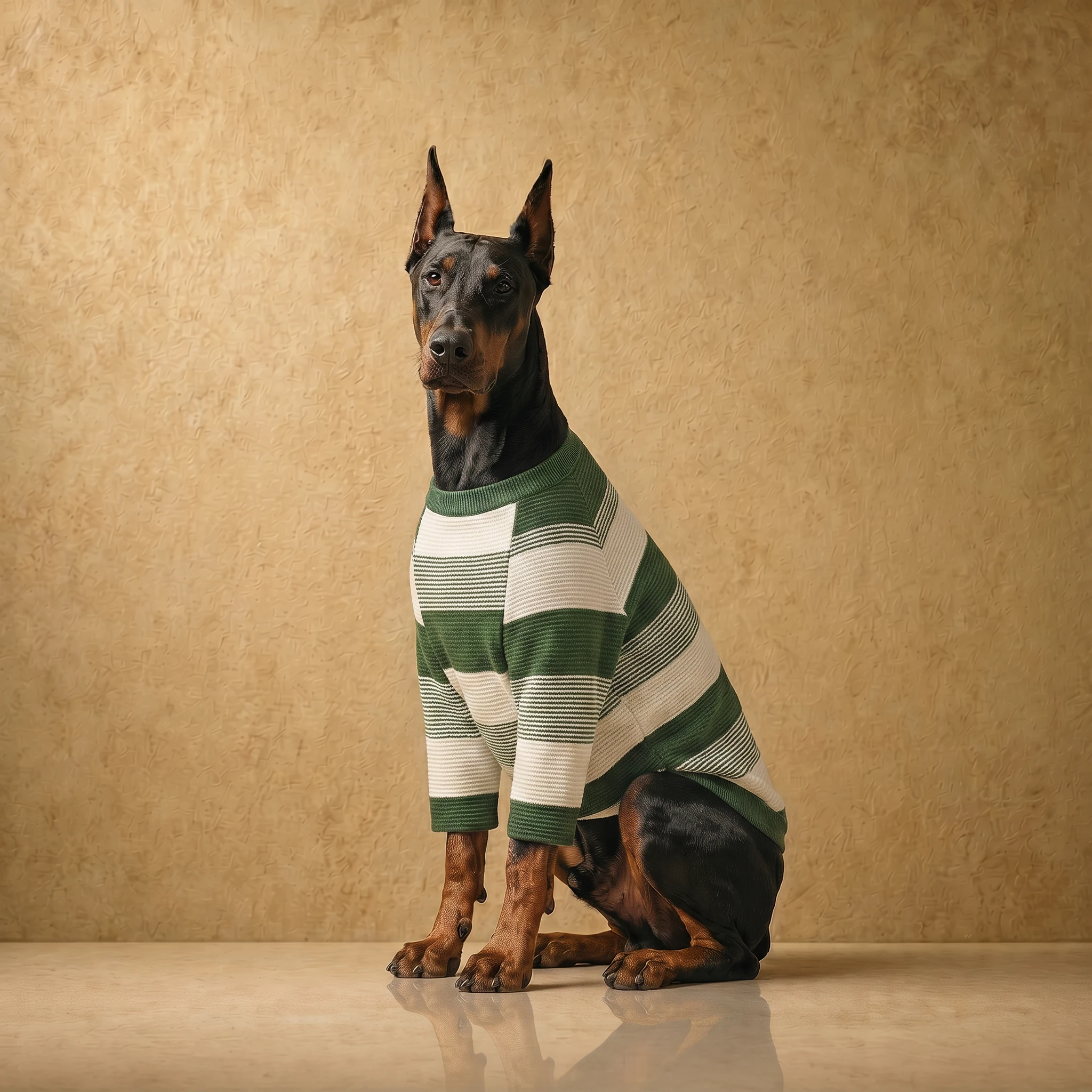 Doberman in a green and cream striped waffle-knit sweater, tailored for deep-chested builds, with a clean athletic fit and full mobility.