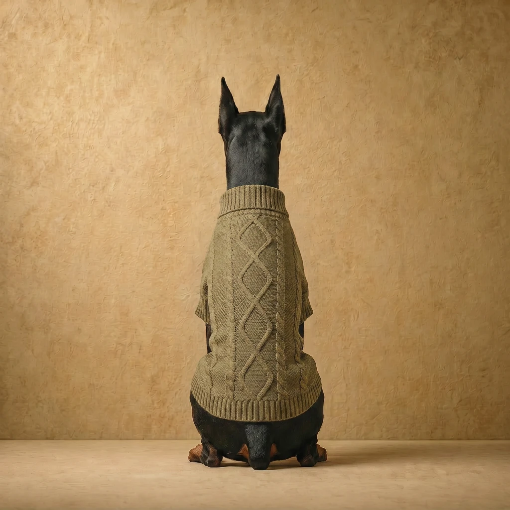 Doberman in a deep chest cable sweater, olive green knit with diamond pattern, clean fit against textured beige backdrop, minimalist aesthetic