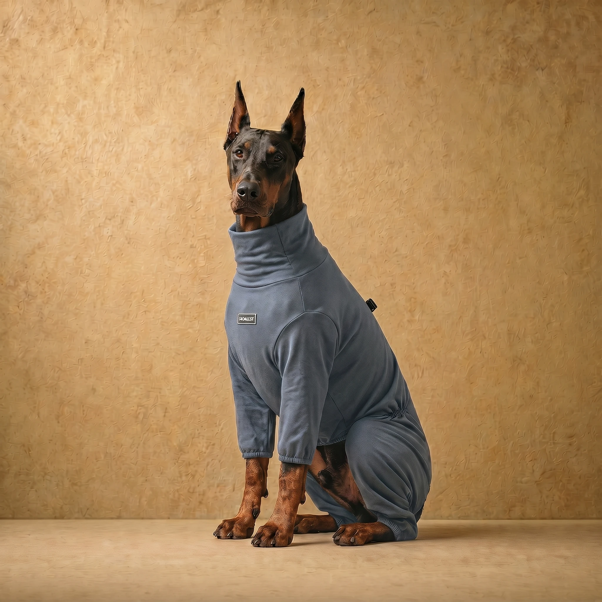 Doberman in a slate grey recovery suit with high neck and full coverage, designed for deep-chested breeds, sitting calmly against a warm textured backdrop.