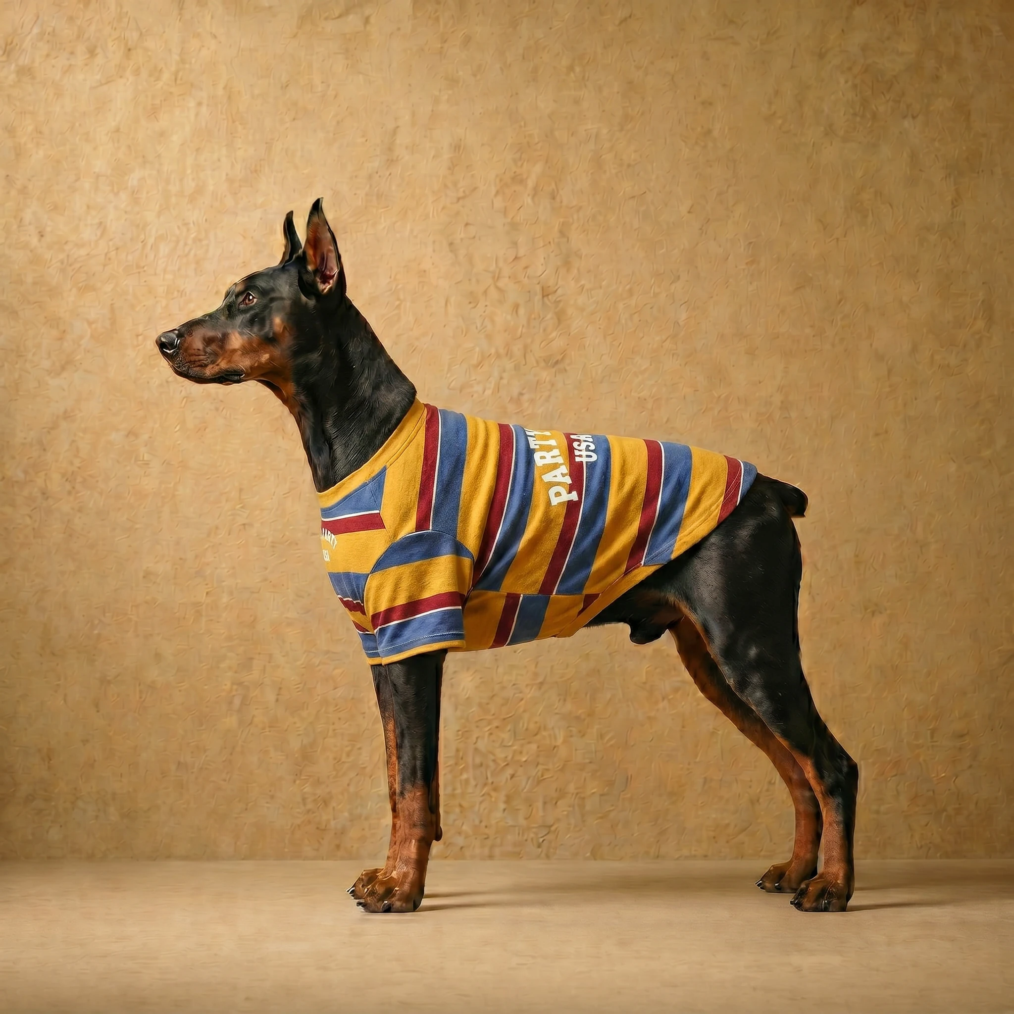 Doberman in a striped cotton-blend sweatshirt with athletic fit, featuring yellow, blue, and maroon stripes, designed for deep-chested breeds. Clothes that fit dobermans.