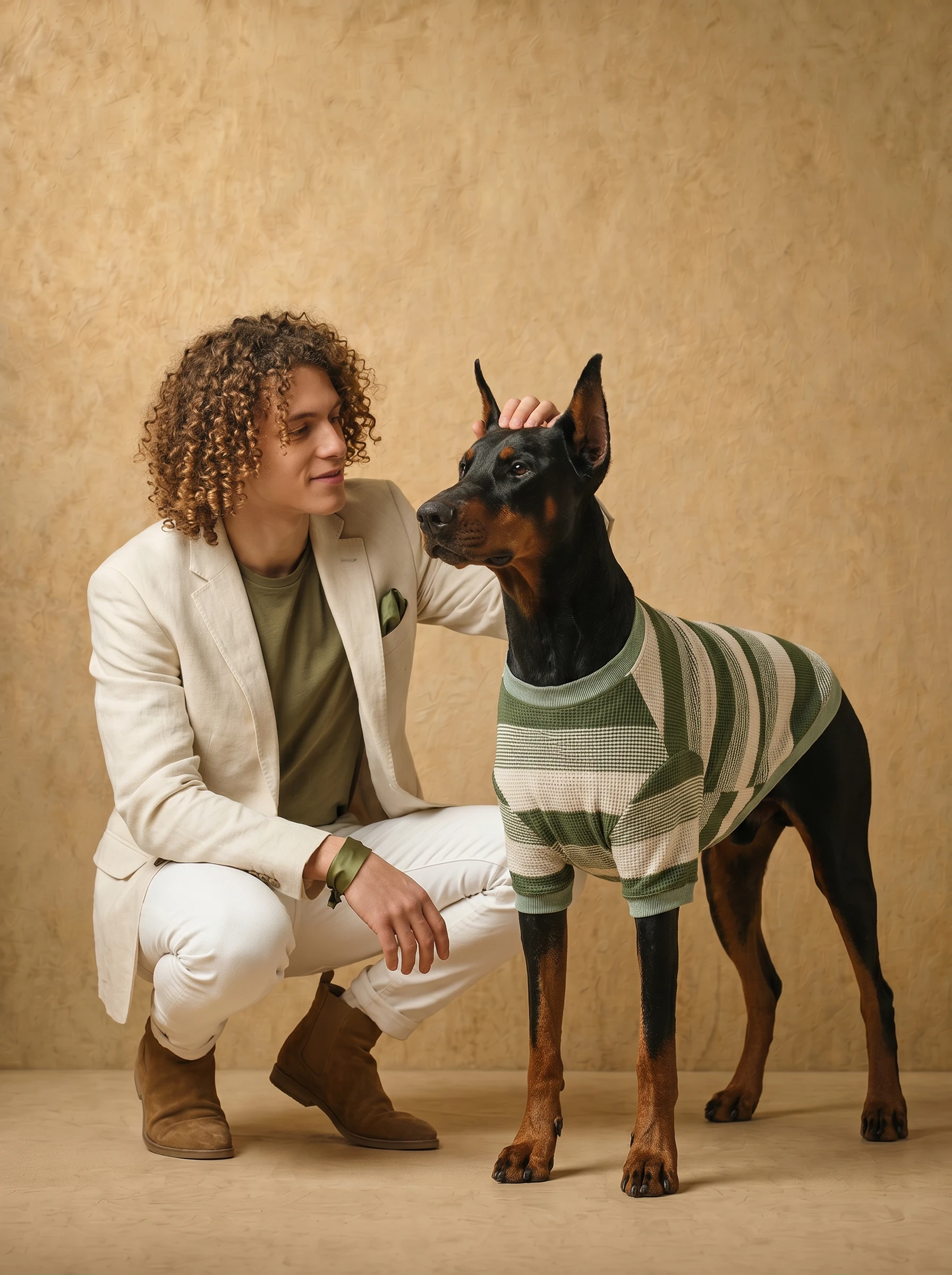 Doberman in olive-striped waffle-knit sweater for deep-chested breeds, soft textured fabric in warm studio light, minimalist aesthetic with owner interaction.