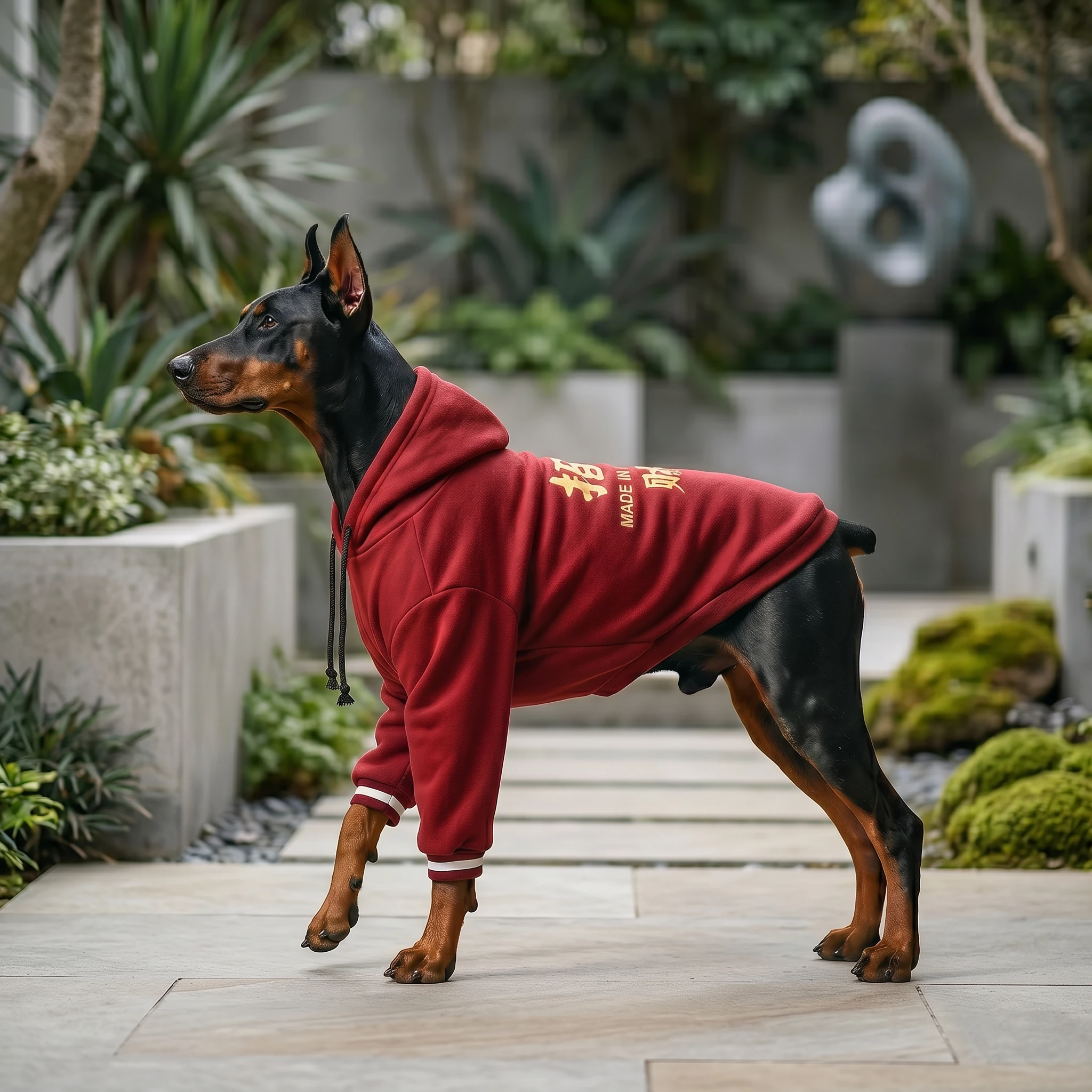 Doberman in NookPaws Deep Chest Fleece Hoodie, rich crimson fleece with gold script, standing profile in stone courtyard with moss and greenery, minimal Japanese aesthetic, calm functional layer for large breeds.